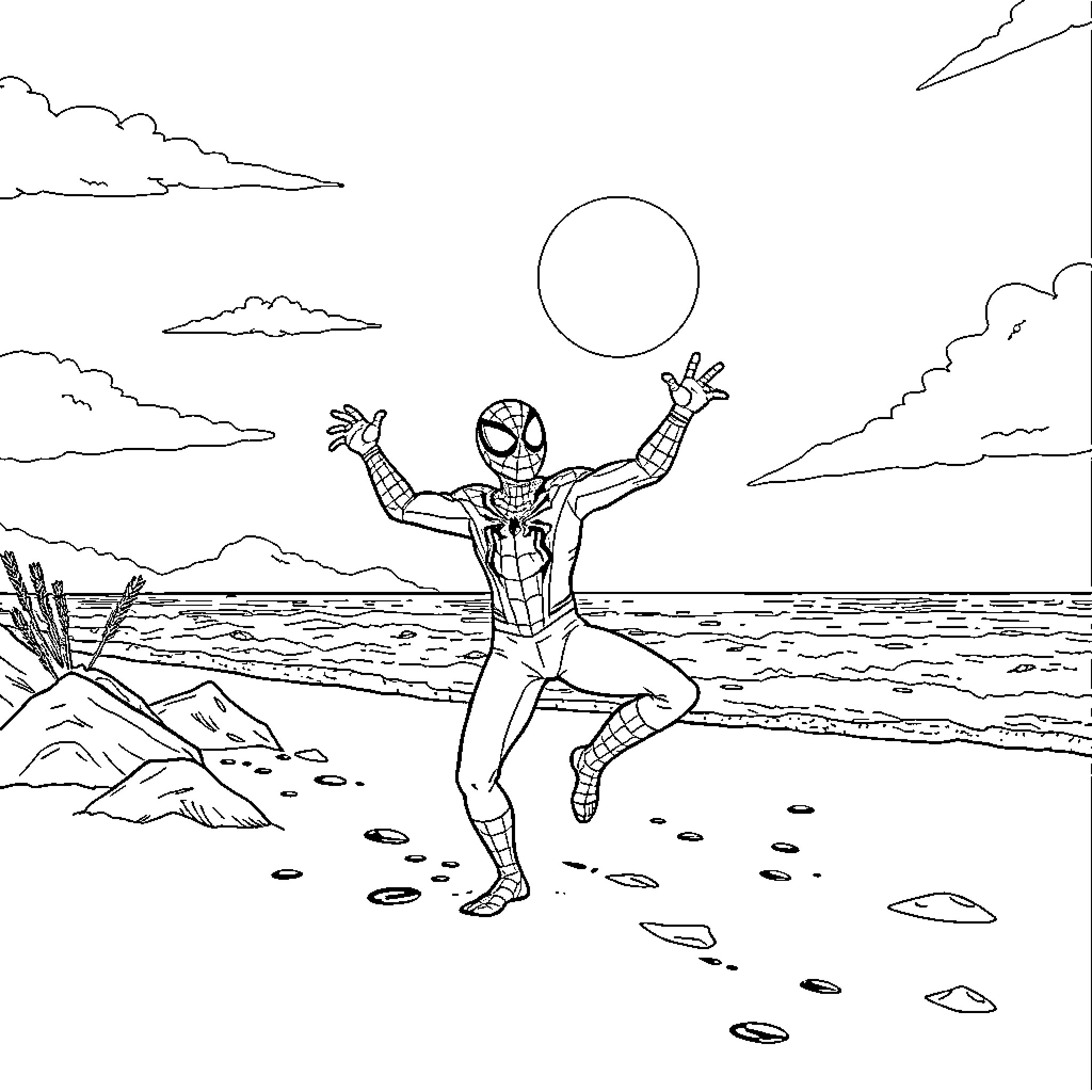 Spider-Man enjoying the beach scene Coloring Page (free black-and-white line drawing printable PDF for all, from beginners to advanced learners, including children, teens, adults, and seniors)