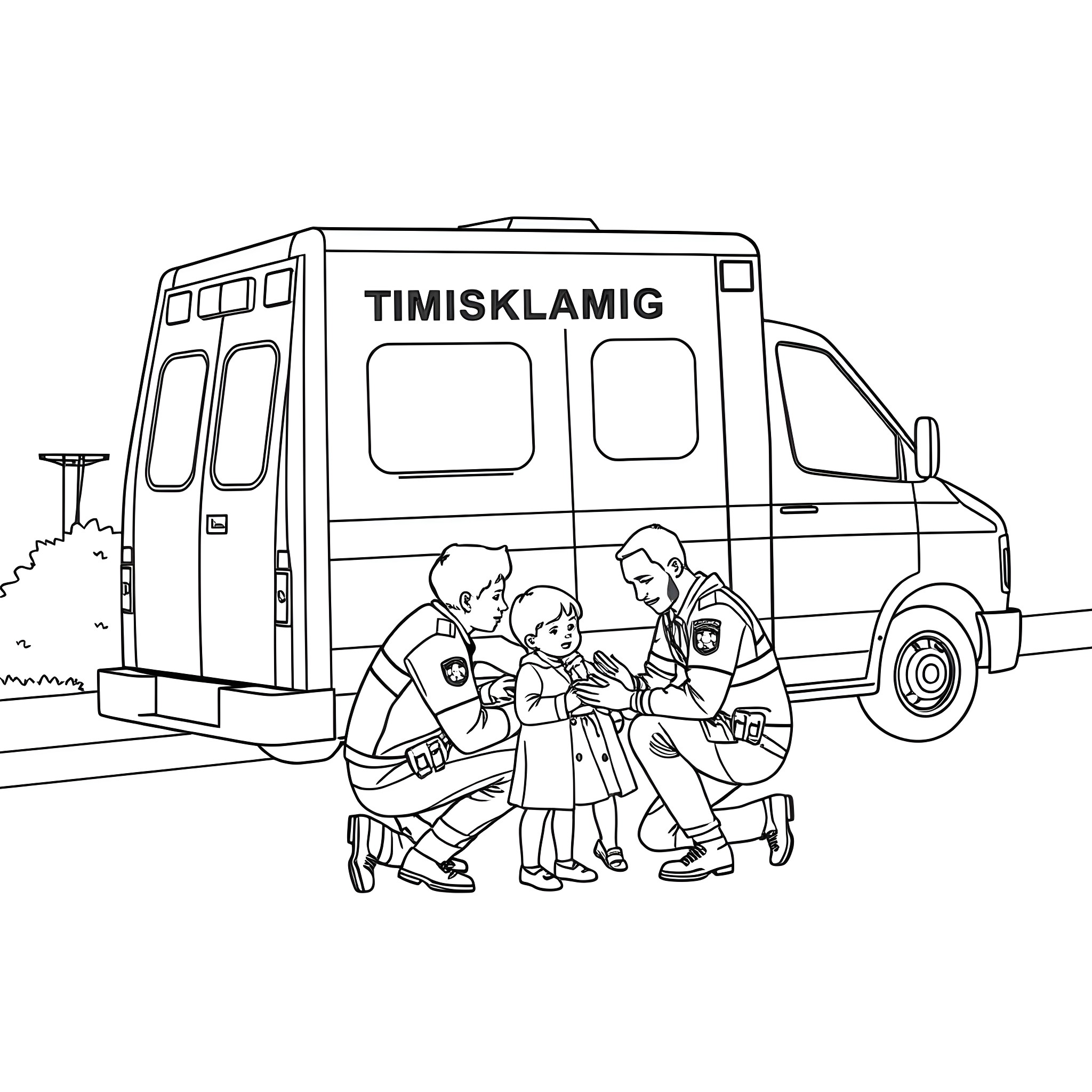 Ambulance crew assisting injured individuals at the scene Coloring Page (free black-and-white line drawing printable PDF for all, from beginners to advanced learners, including children, teens, adults, and seniors)