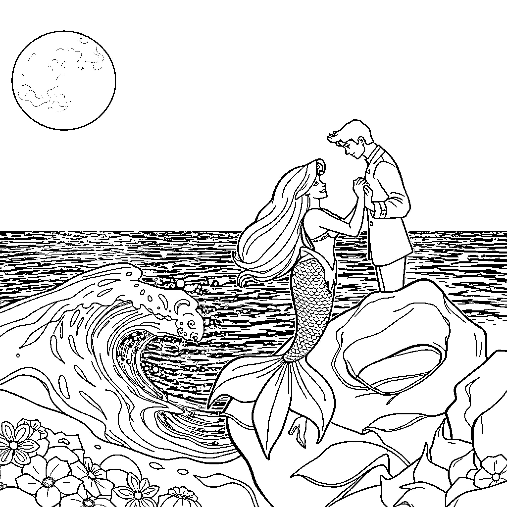 Mermaid embracing her prince by the moonlit ocean Coloring Page (free black-and-white line drawing printable PDF for all, from beginners to advanced learners, including children, teens, adults, and seniors)