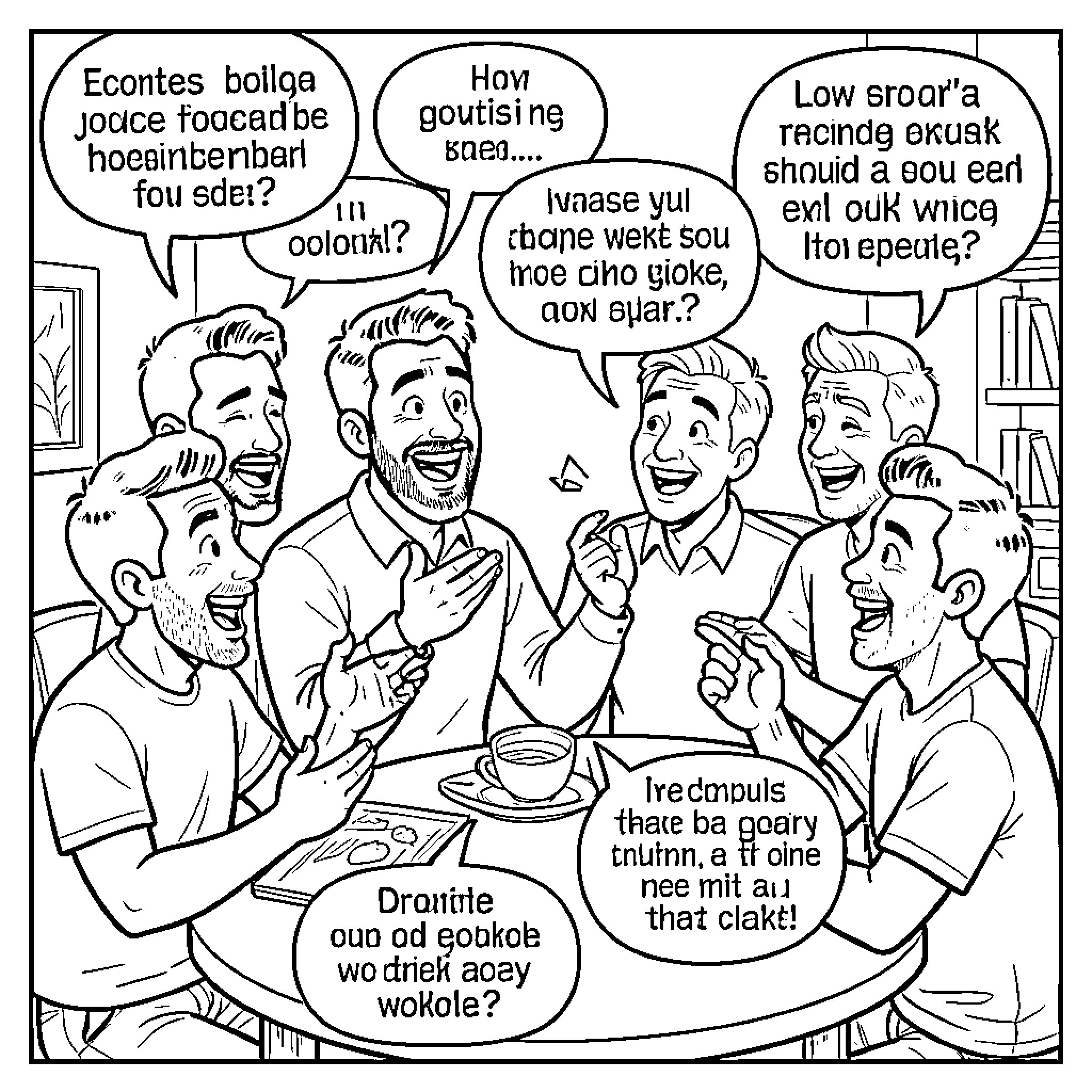 Men Conversing Animatedly at a Gathering Coloring Page (free black-and-white line drawing printable PDF for all, from beginners to advanced learners, including children, teens, adults, and seniors)