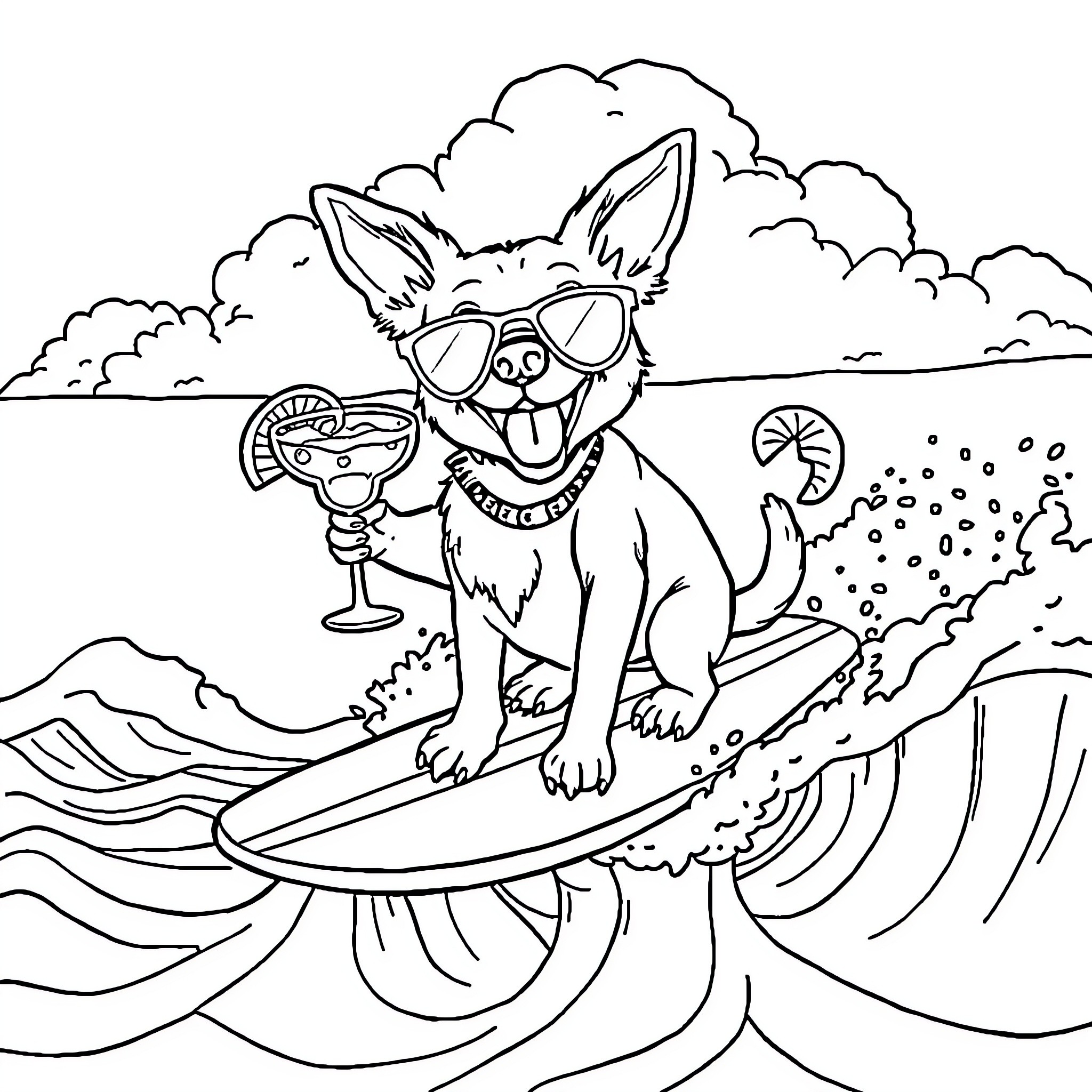 Dog enjoying a beach vacation with cocktail Coloring Page (free black-and-white line drawing printable PDF for all, from beginners to advanced learners, including children, teens, adults, and seniors)