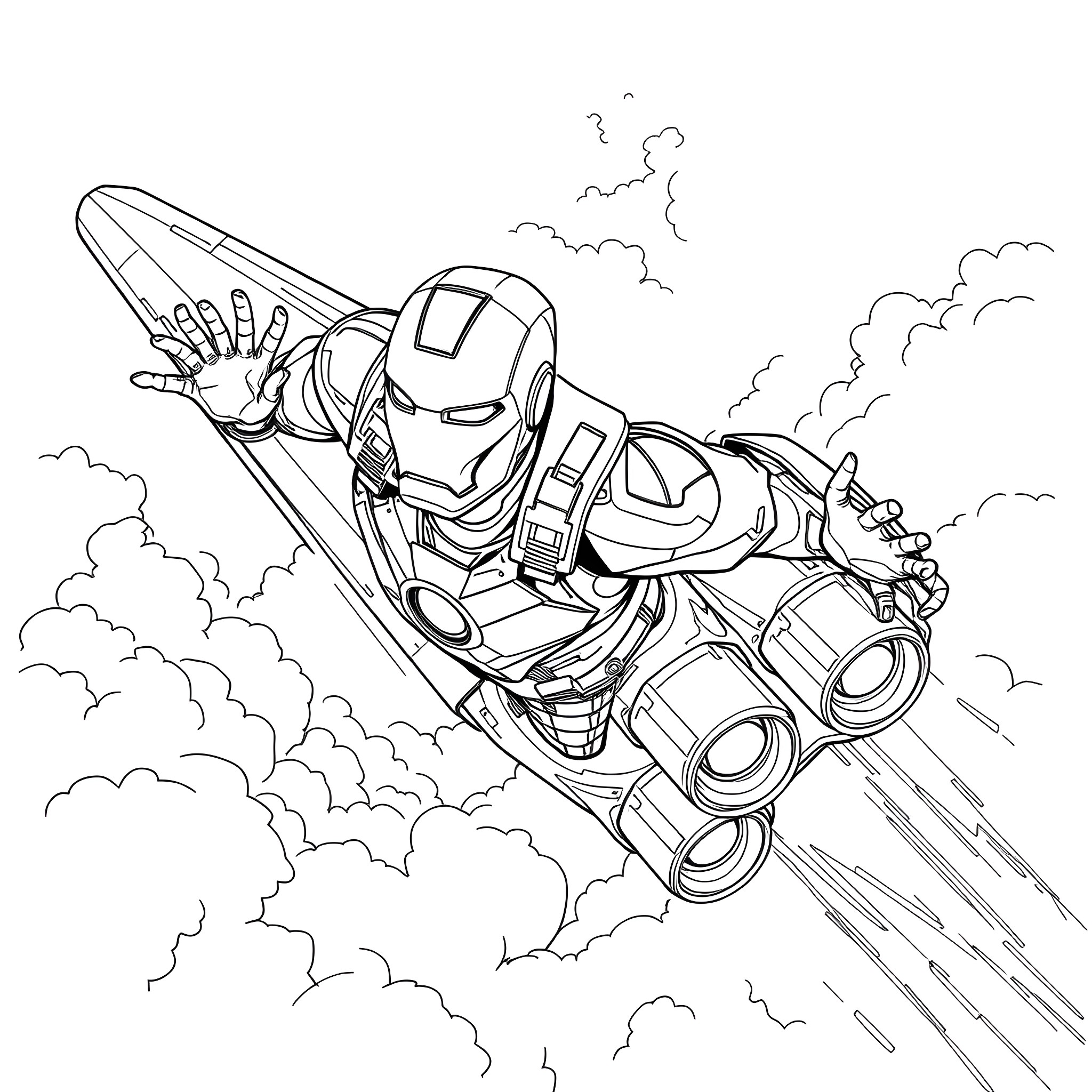 Ironman soaring high in the sky with jets Coloring Page (free black-and-white line drawing printable PDF for all, from beginners to advanced learners, including children, teens, adults, and seniors)