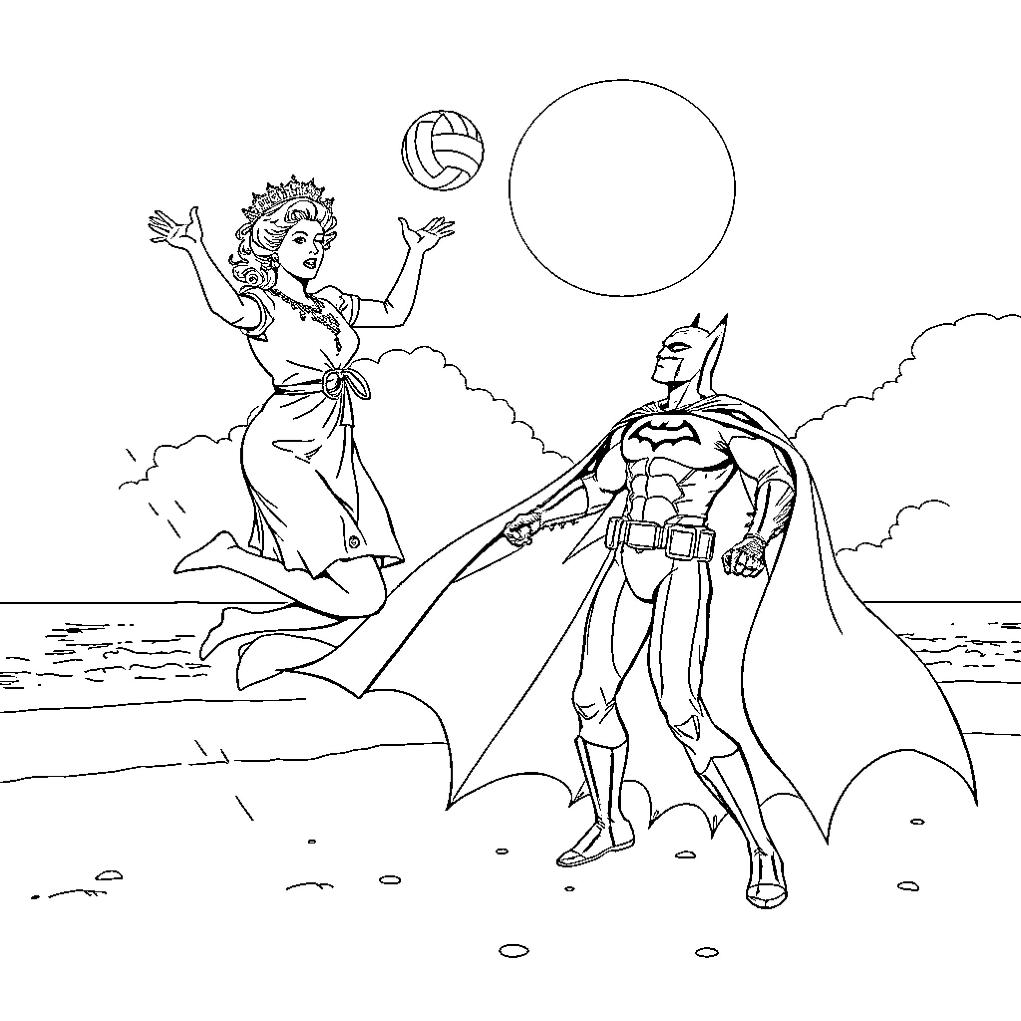 Queen Playing Volleyball with Caped Crusader Coloring Page (free black-and-white line drawing printable PDF for all, from beginners to advanced learners, including children, teens, adults, and seniors)