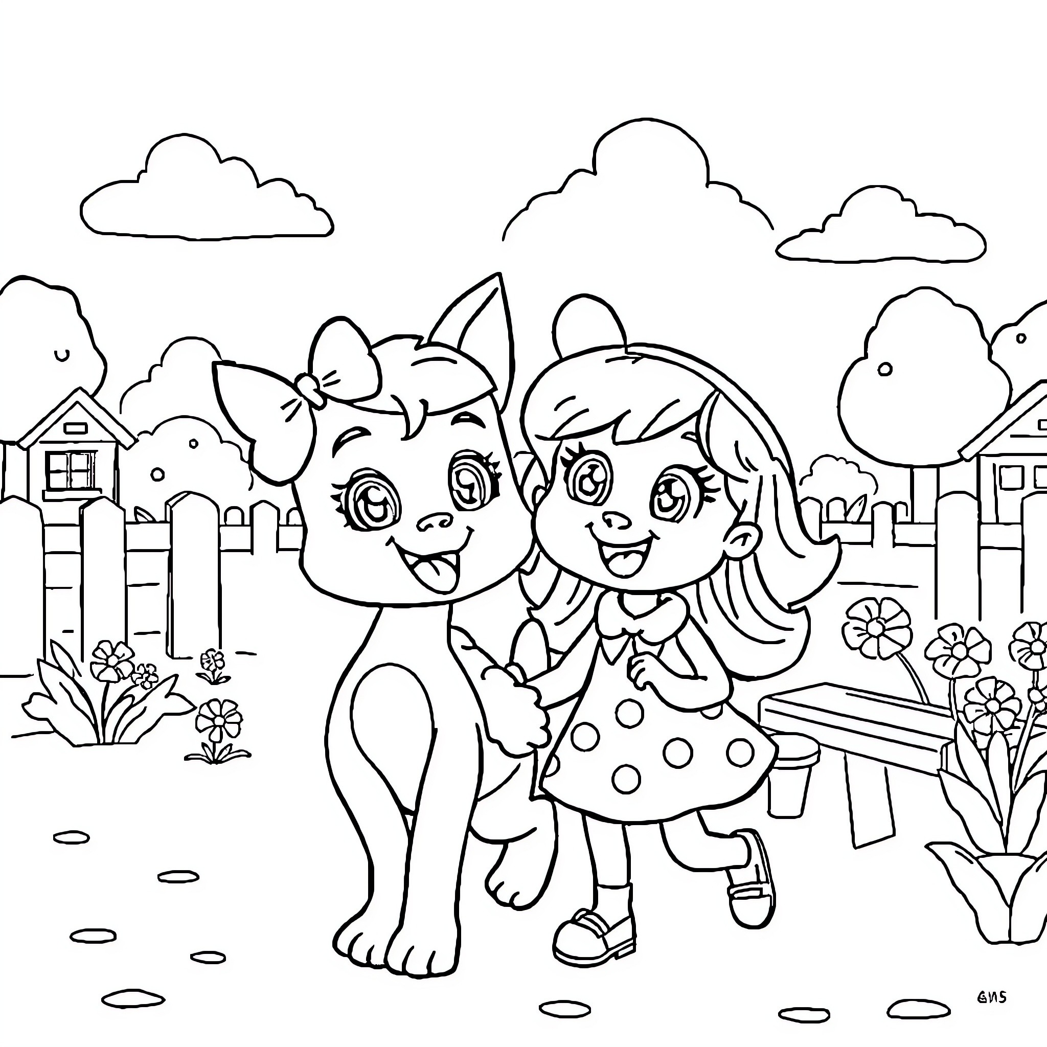 Bluey and Bingo Playing in the Neighborhood Coloring Page (free black-and-white line drawing printable PDF for all, from beginners to advanced learners, including children, teens, adults, and seniors)