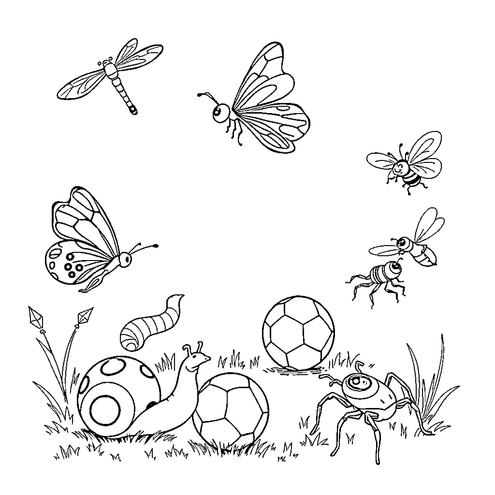 Insect friends playing in a field Coloring Page (free black-and-white line drawing printable PDF for all, from beginners to advanced learners, including children, teens, adults, and seniors)