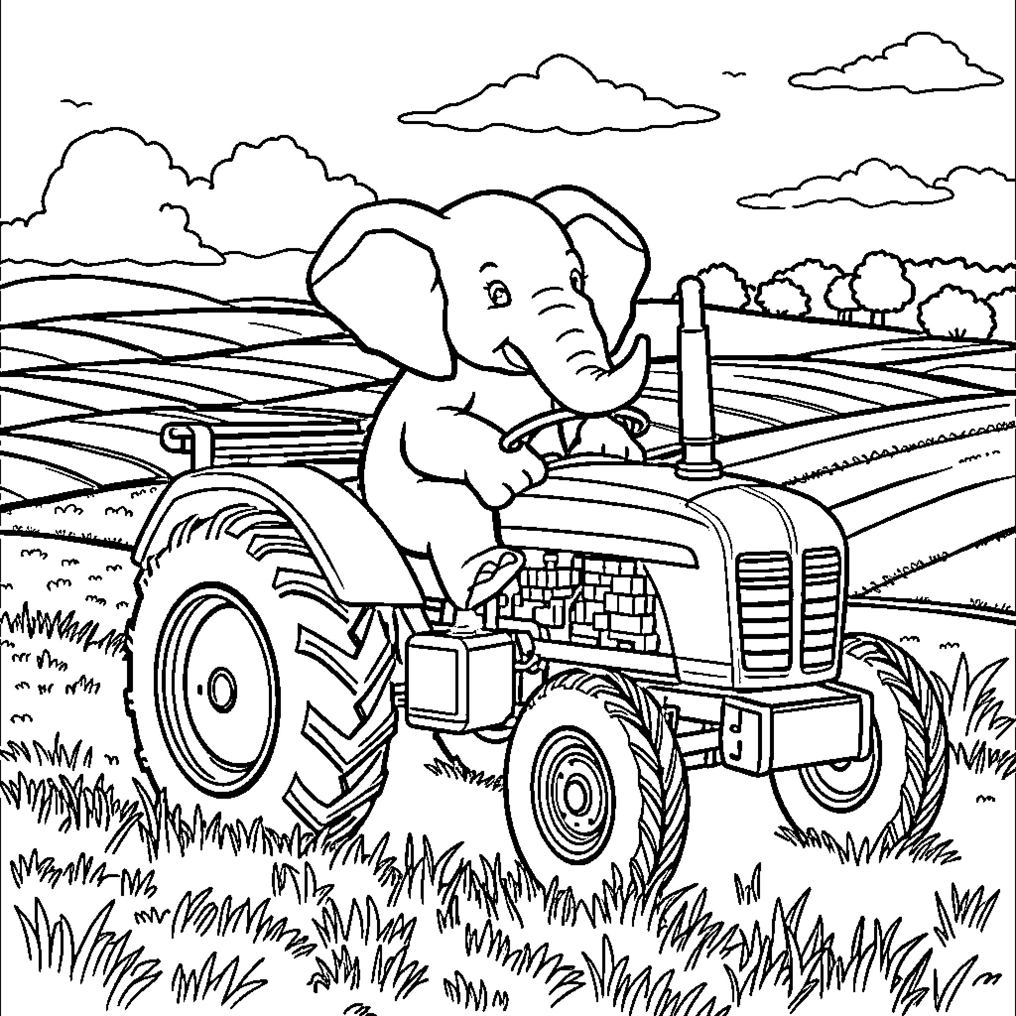 Elephant driving a tractor through the countryside Coloring Page (free black-and-white line drawing printable PDF for all, from beginners to advanced learners, including children, teens, adults, and seniors)