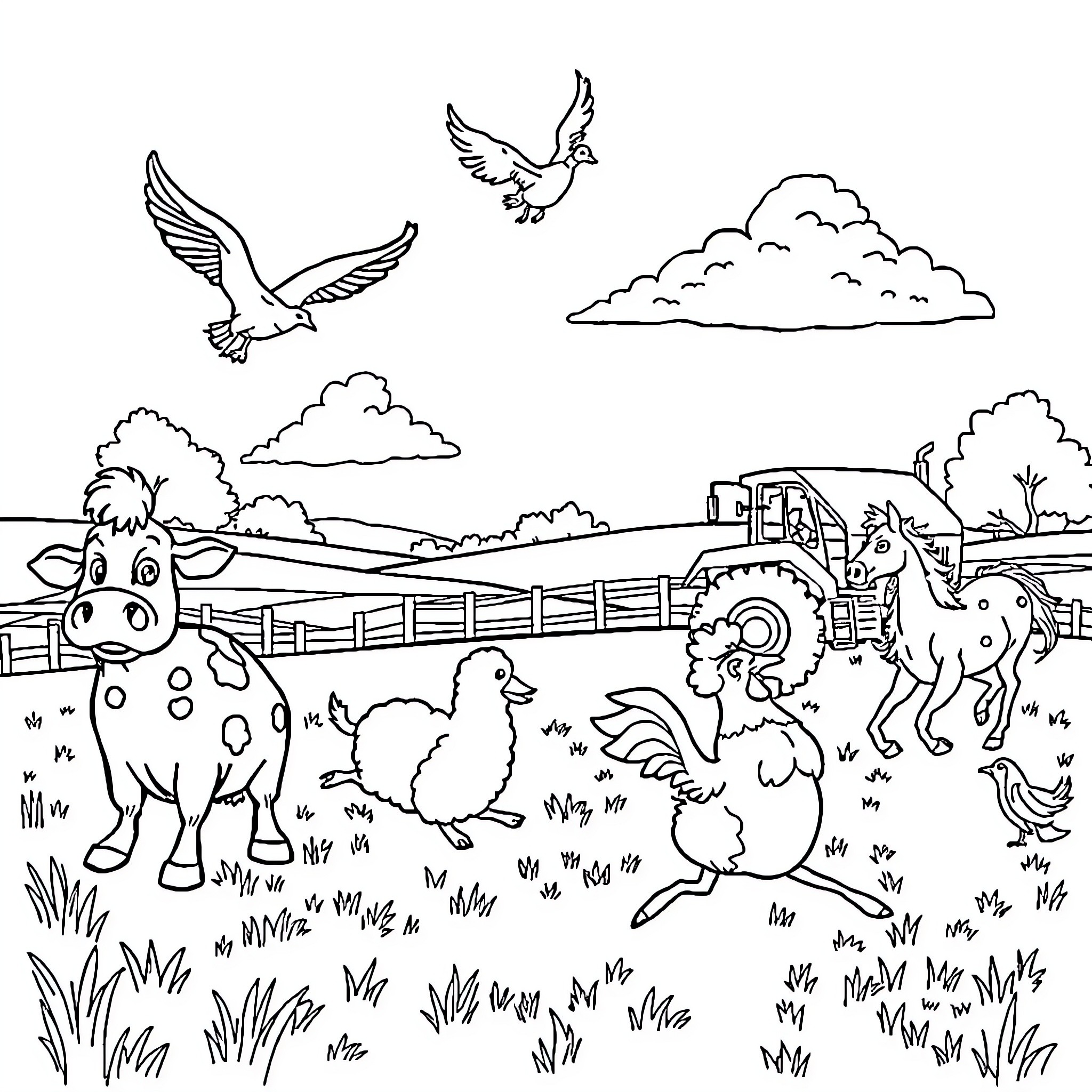Farm Animal Friends on the Countryside Coloring Page (free black-and-white line drawing printable PDF for all, from beginners to advanced learners, including children, teens, adults, and seniors)