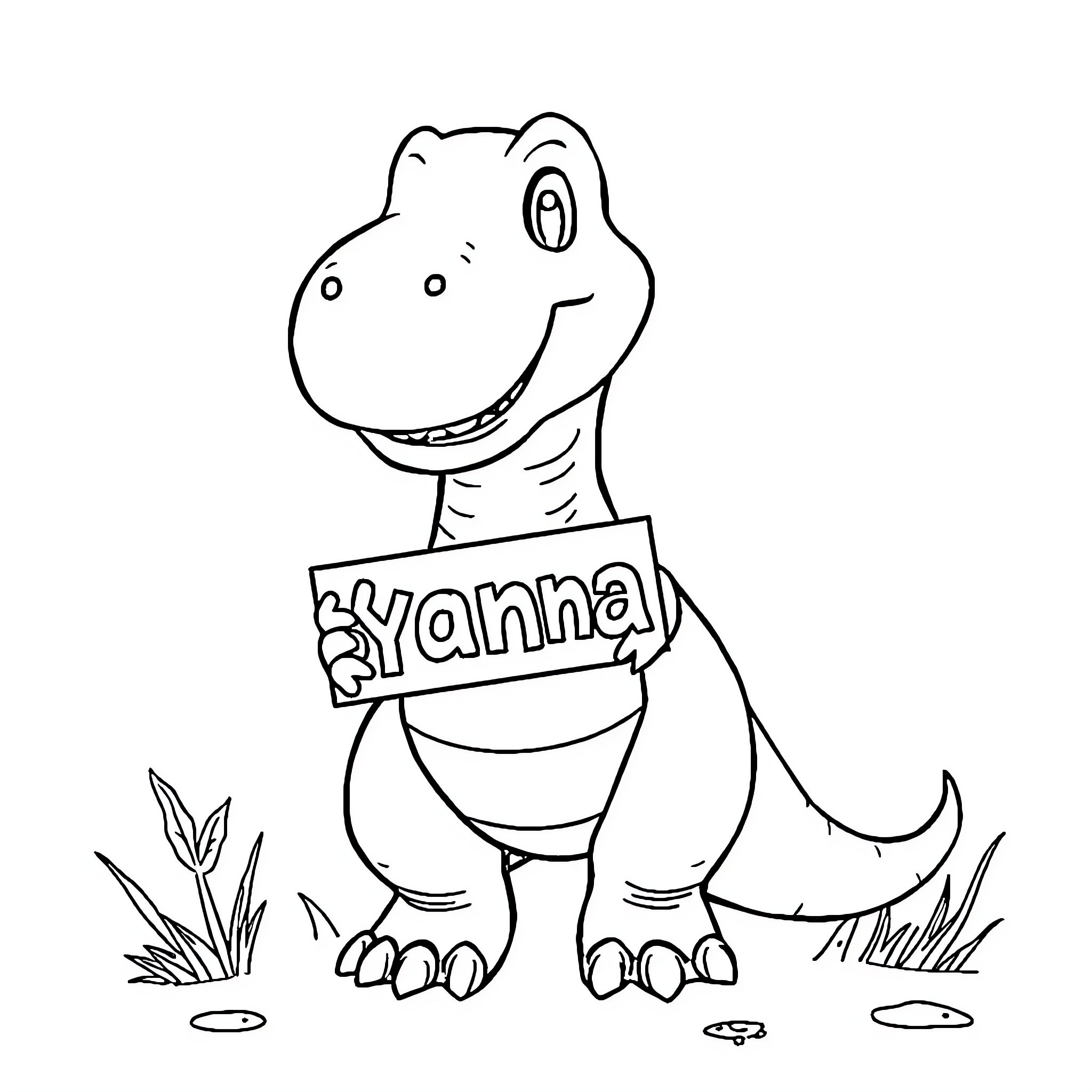 Dinosaur holding a sign with a name Coloring Page (free black-and-white line drawing printable PDF for all, from beginners to advanced learners, including children, teens, adults, and seniors)
