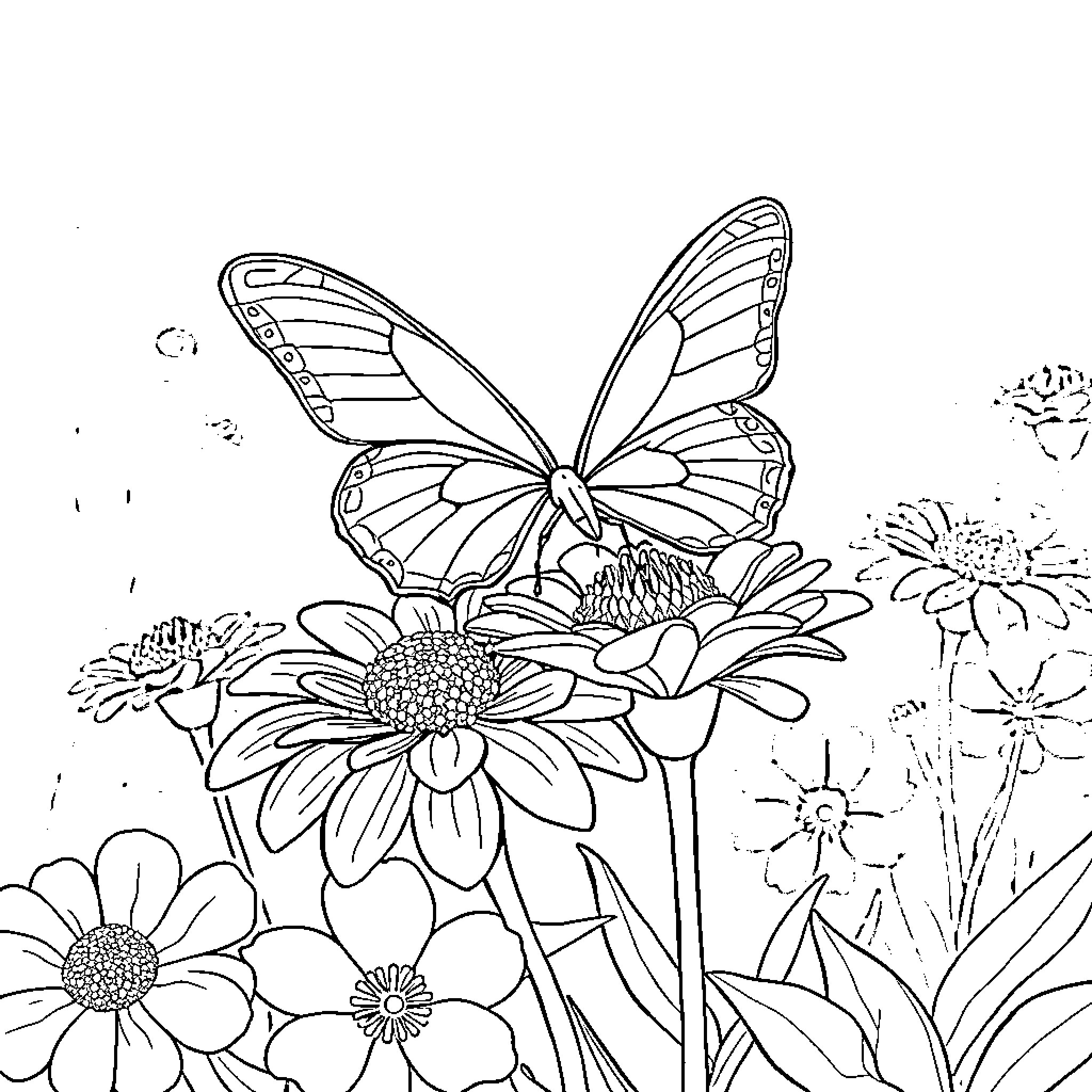 Butterfly resting on a bed of flowers Coloring Page (free black-and-white line drawing printable PDF for all, from beginners to advanced learners, including children, teens, adults, and seniors)