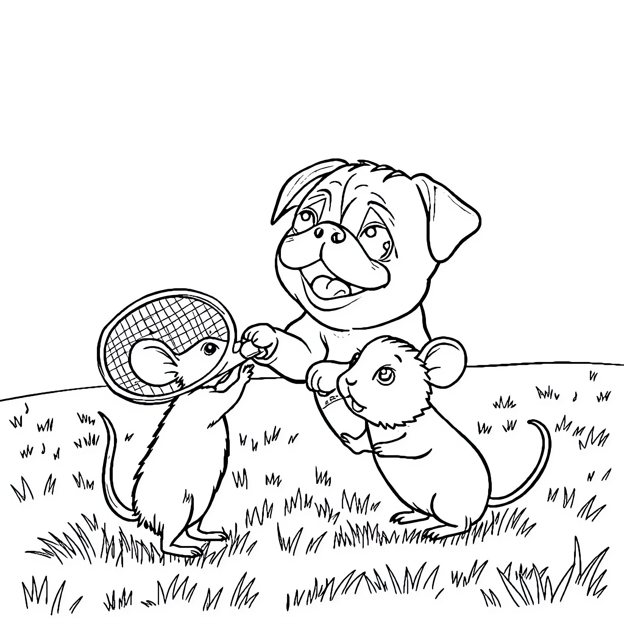 Pug playing fetch with a mouse companion Coloring Page (free black-and-white line drawing printable PDF for all, from beginners to advanced learners, including children, teens, adults, and seniors)