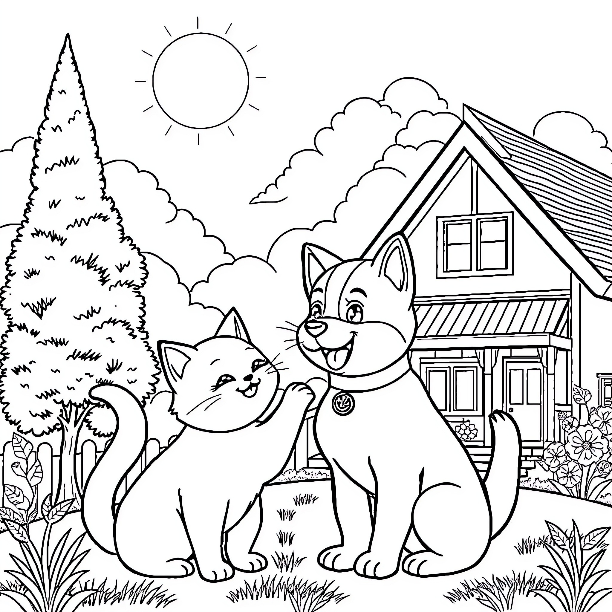 Cats relaxing in a cozy cottage garden Coloring Page (free black-and-white line drawing printable PDF for all, from beginners to advanced learners, including children, teens, adults, and seniors)