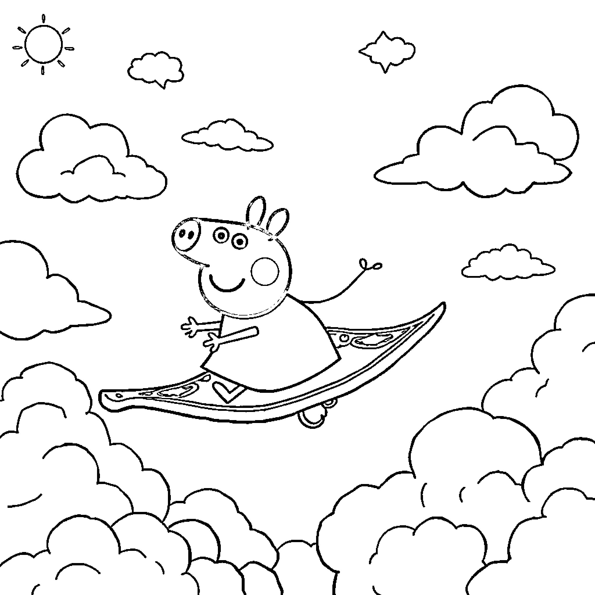 Peppa Pig riding on a magic carpet in the sky Coloring Page (free black-and-white line drawing printable PDF for all, from beginners to advanced learners, including children, teens, adults, and seniors)