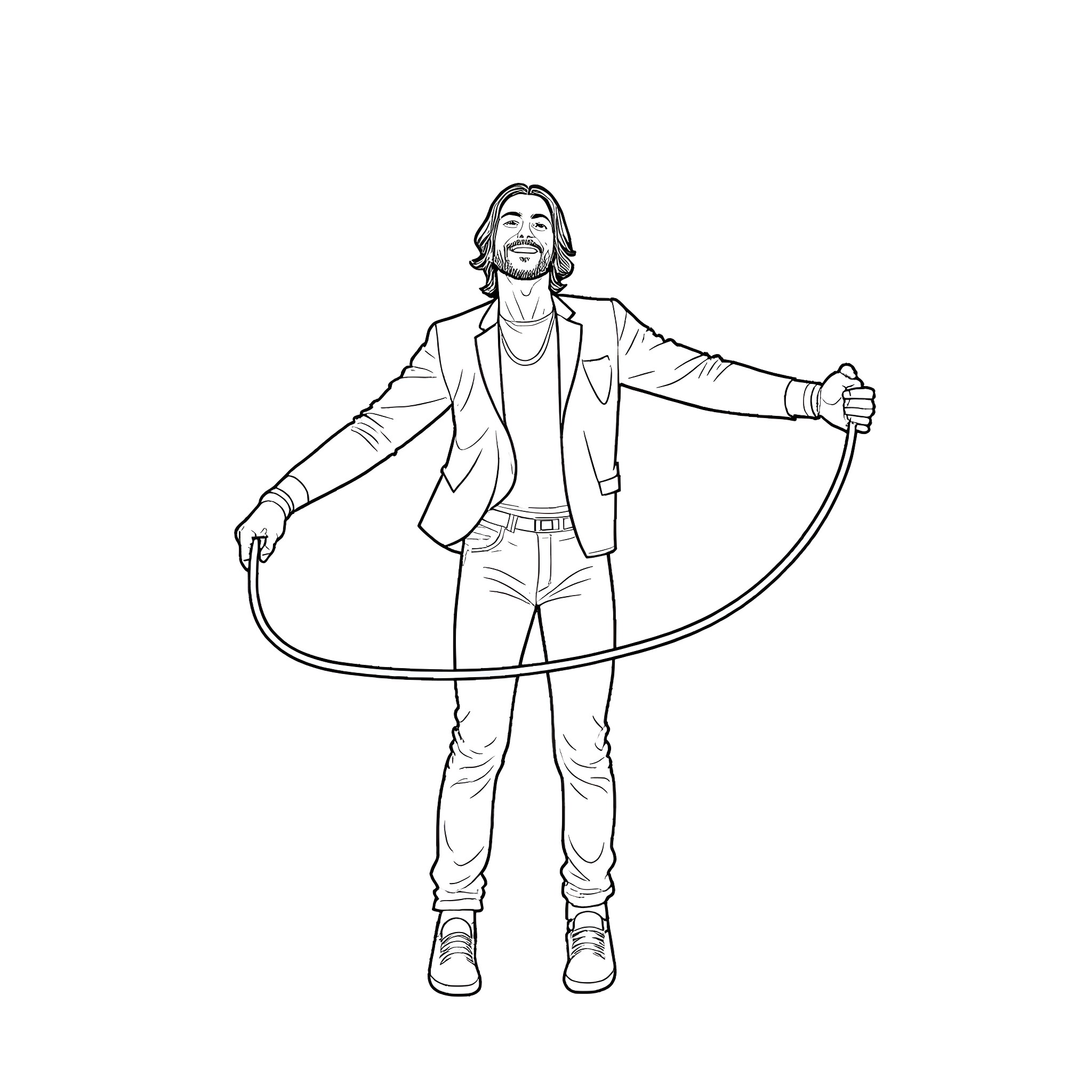 Keanu Reeves playing with hula hoop Coloring Page (free black-and-white line drawing printable PDF for all, from beginners to advanced learners, including children, teens, adults, and seniors)
