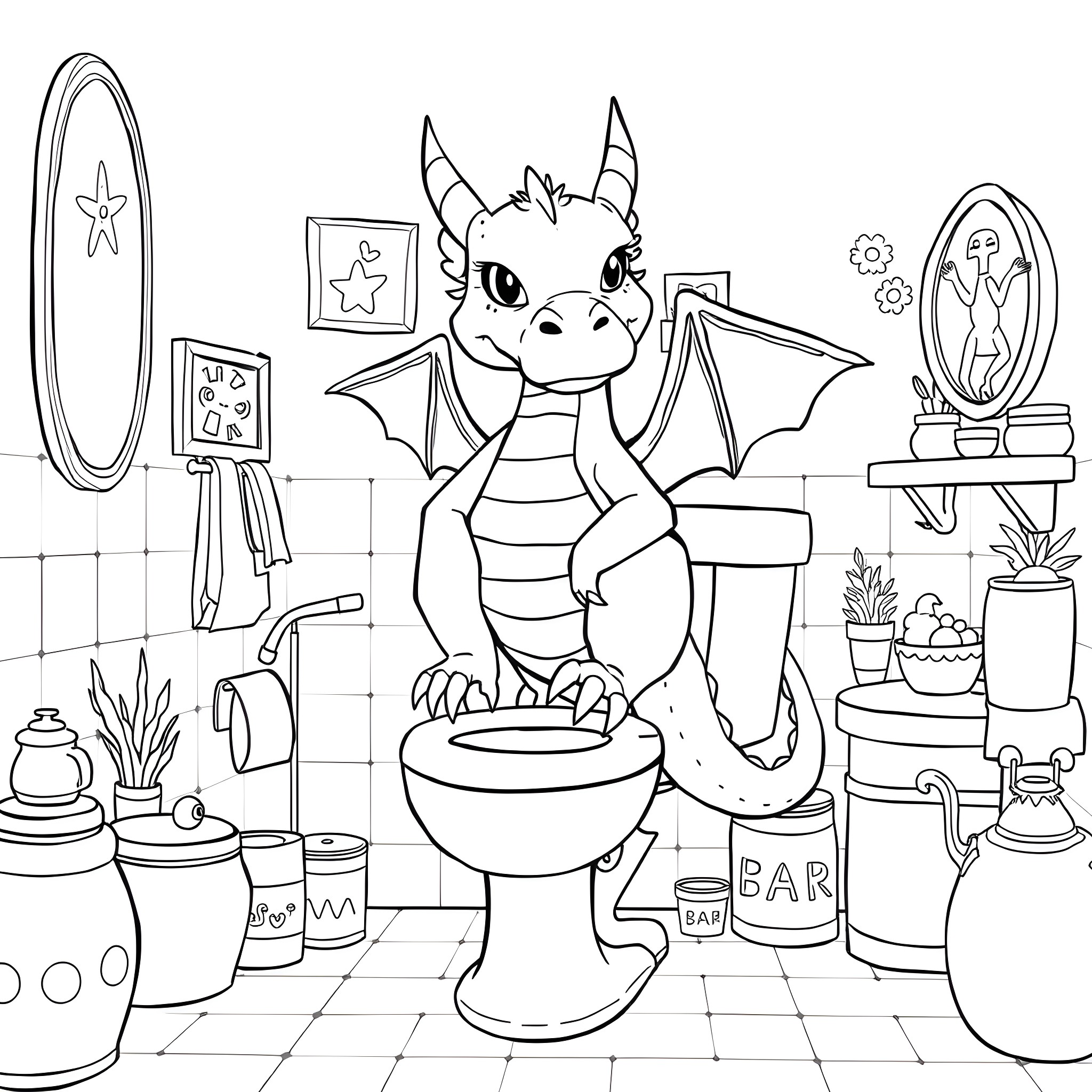 Dragon in the Bathroom Enjoying a Break Coloring Page (free black-and-white line drawing printable PDF for all, from beginners to advanced learners, including children, teens, adults, and seniors)