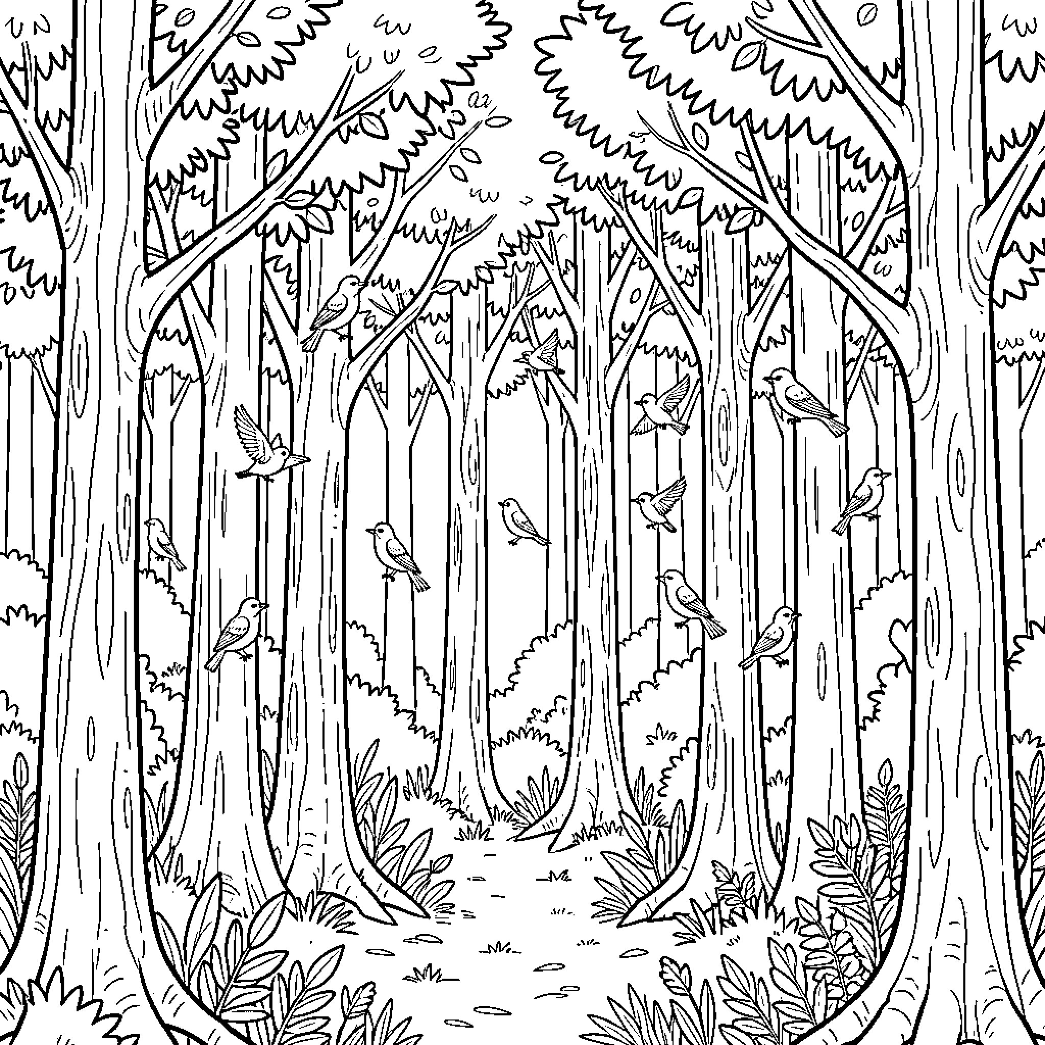 Forest scene with many birds perched on tree branches Coloring Page (free black-and-white line drawing printable PDF for all, from beginners to advanced learners, including children, teens, adults, and seniors)