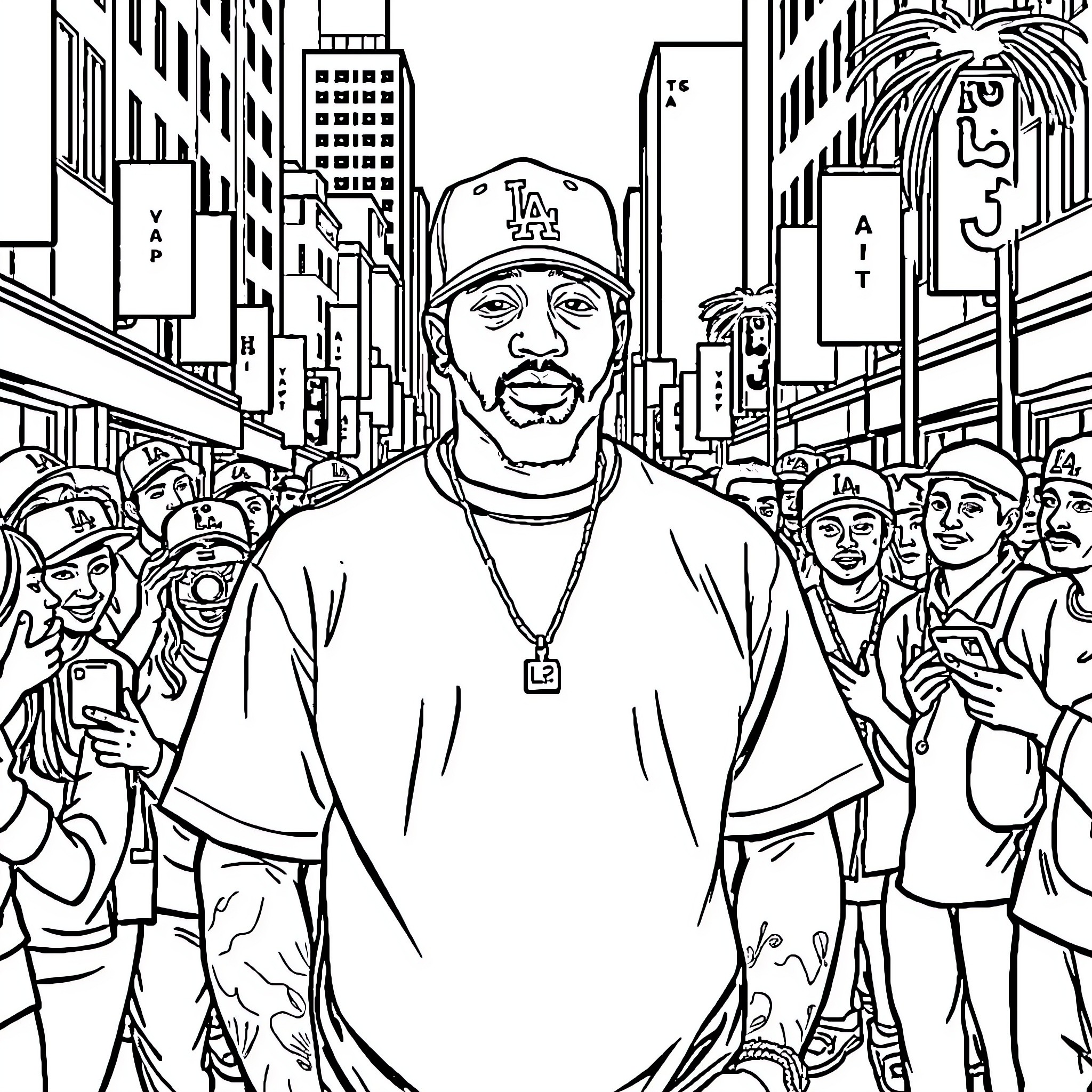 Nipsey Hussle in the Bustling City Crowd Coloring Page (free black-and-white line drawing printable PDF for all, from beginners to advanced learners, including children, teens, adults, and seniors)