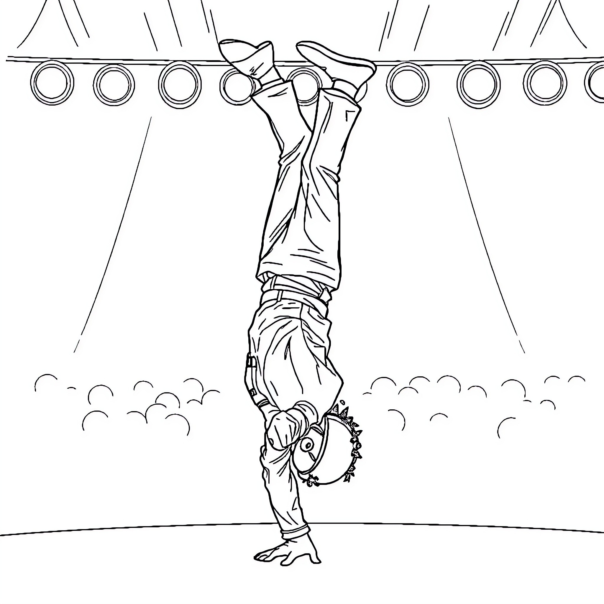 Michael Jackson performing acrobatic dance moves Coloring Page (free black-and-white line drawing printable PDF for all, from beginners to advanced learners, including children, teens, adults, and seniors)