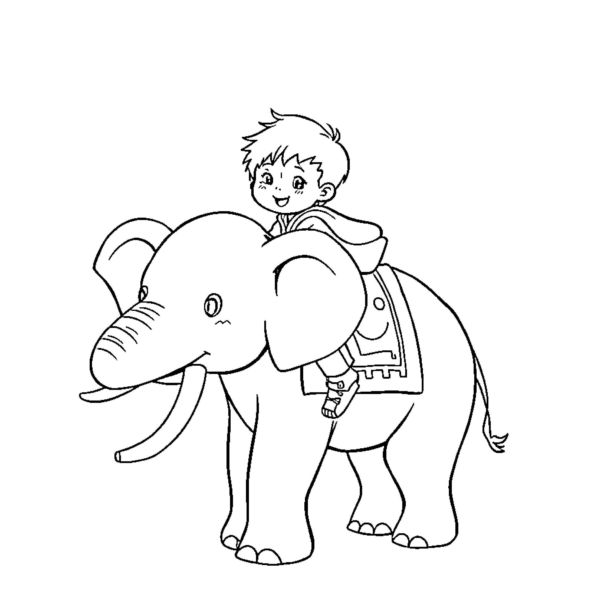 Child riding playfully on elephant Coloring Page (free black-and-white line drawing printable PDF for all, from beginners to advanced learners, including children, teens, adults, and seniors)