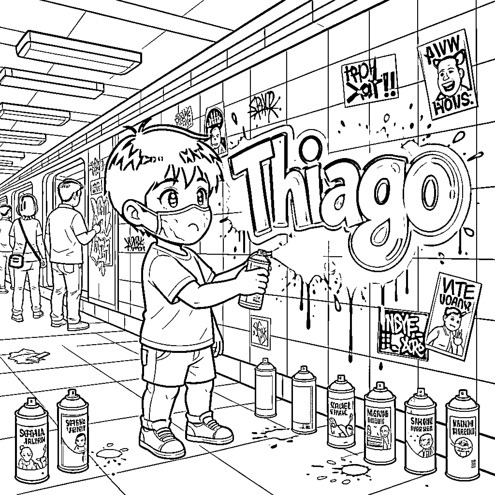 Kid spray painting graffiti on the wall Coloring Page (free black-and-white line drawing printable PDF for all, from beginners to advanced learners, including children, teens, adults, and seniors)