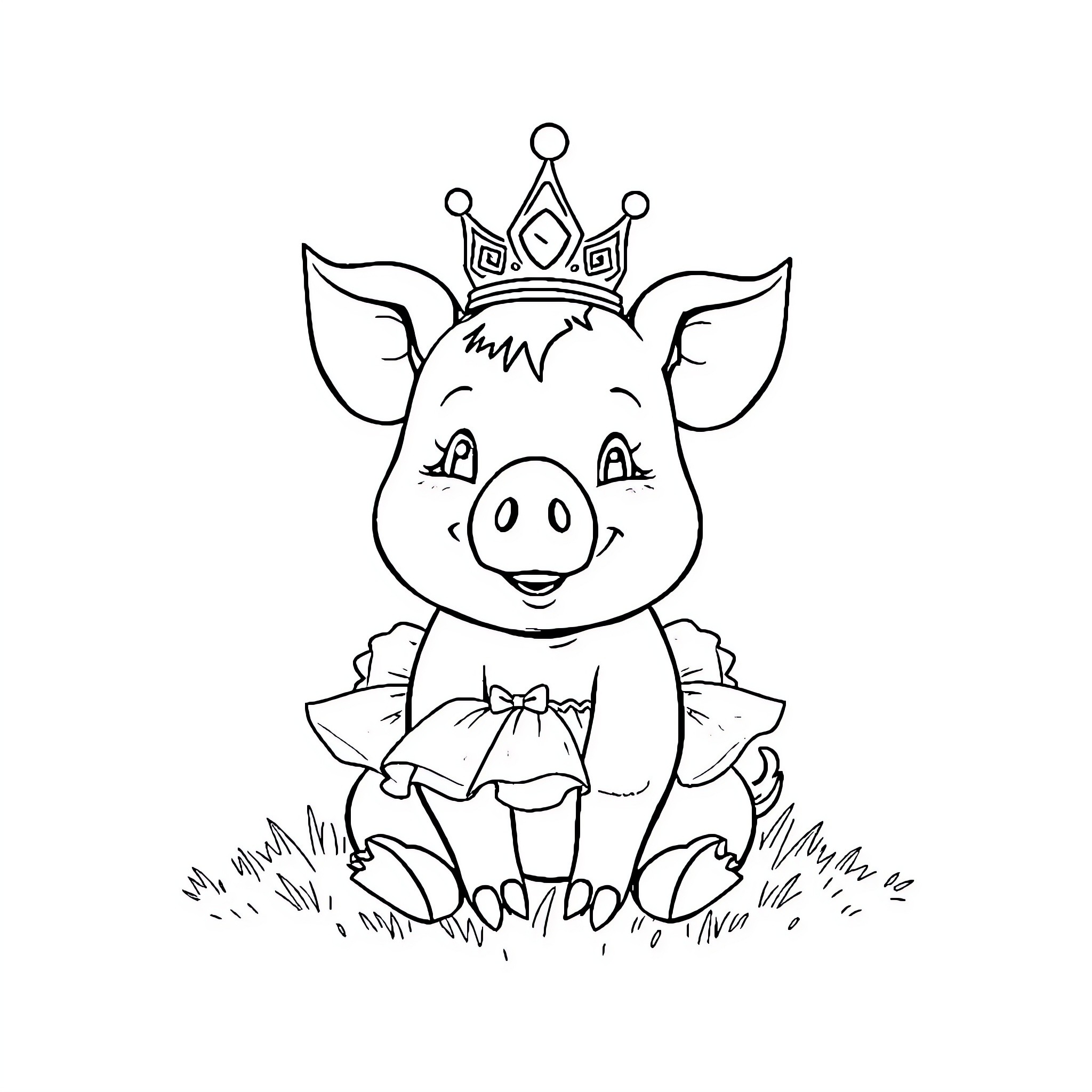 Pig wearing crown sitting in grass Coloring Page (free black-and-white line drawing printable PDF for all, from beginners to advanced learners, including children, teens, adults, and seniors)