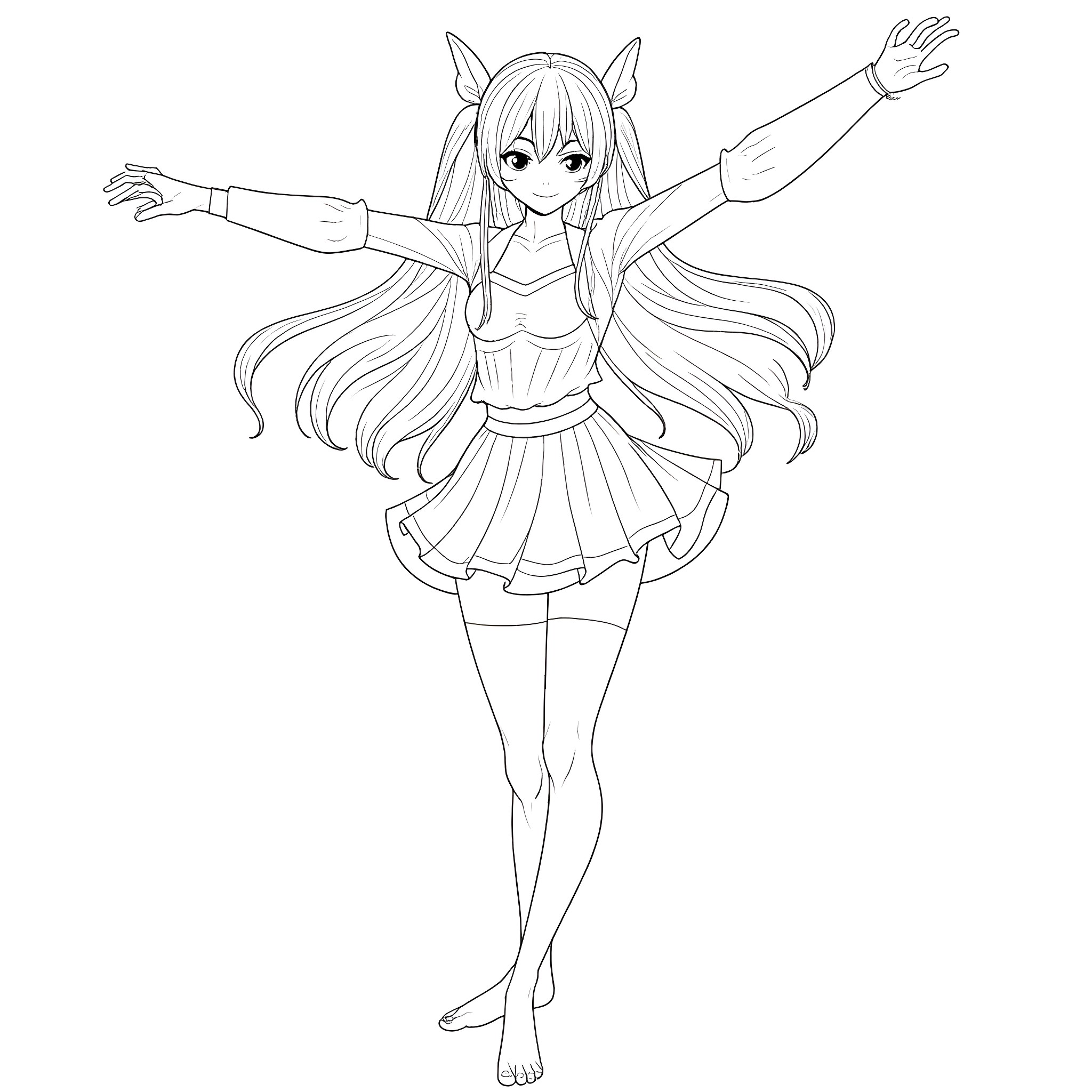 Rukia Kuchiki in Cheerful Dance Pose Coloring Page (free black-and-white line drawing printable PDF for all, from beginners to advanced learners, including children, teens, adults, and seniors)