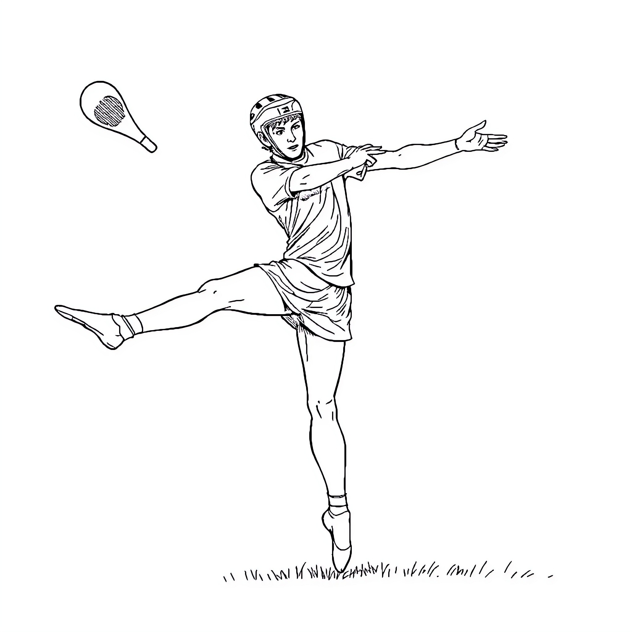 Hurling Player Jumping and Stretching with Racket Coloring Page (free black-and-white line drawing printable PDF for all, from beginners to advanced learners, including children, teens, adults, and seniors)