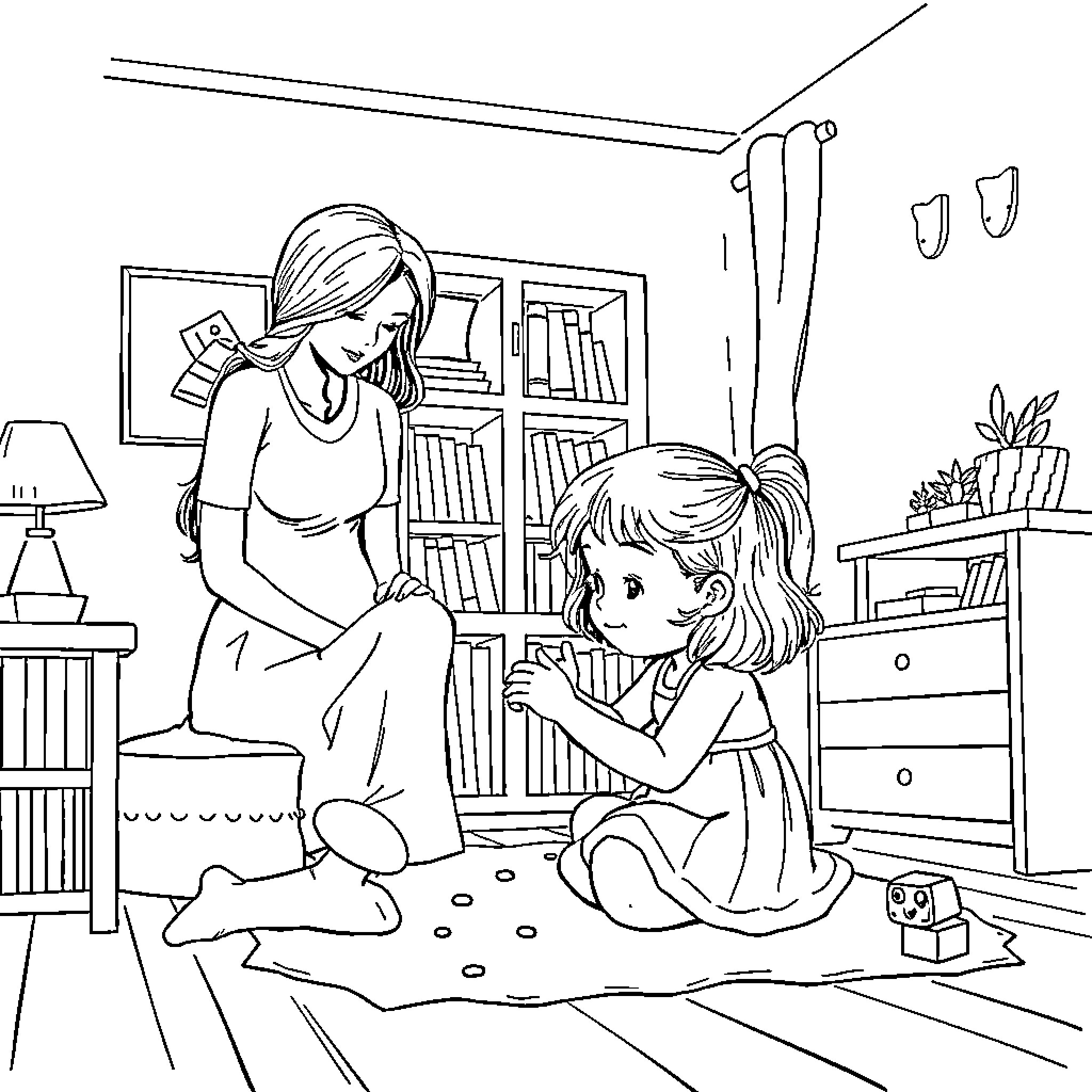 Girl reading a book with her mother Coloring Page (free black-and-white line drawing printable PDF for all, from beginners to advanced learners, including children, teens, adults, and seniors)