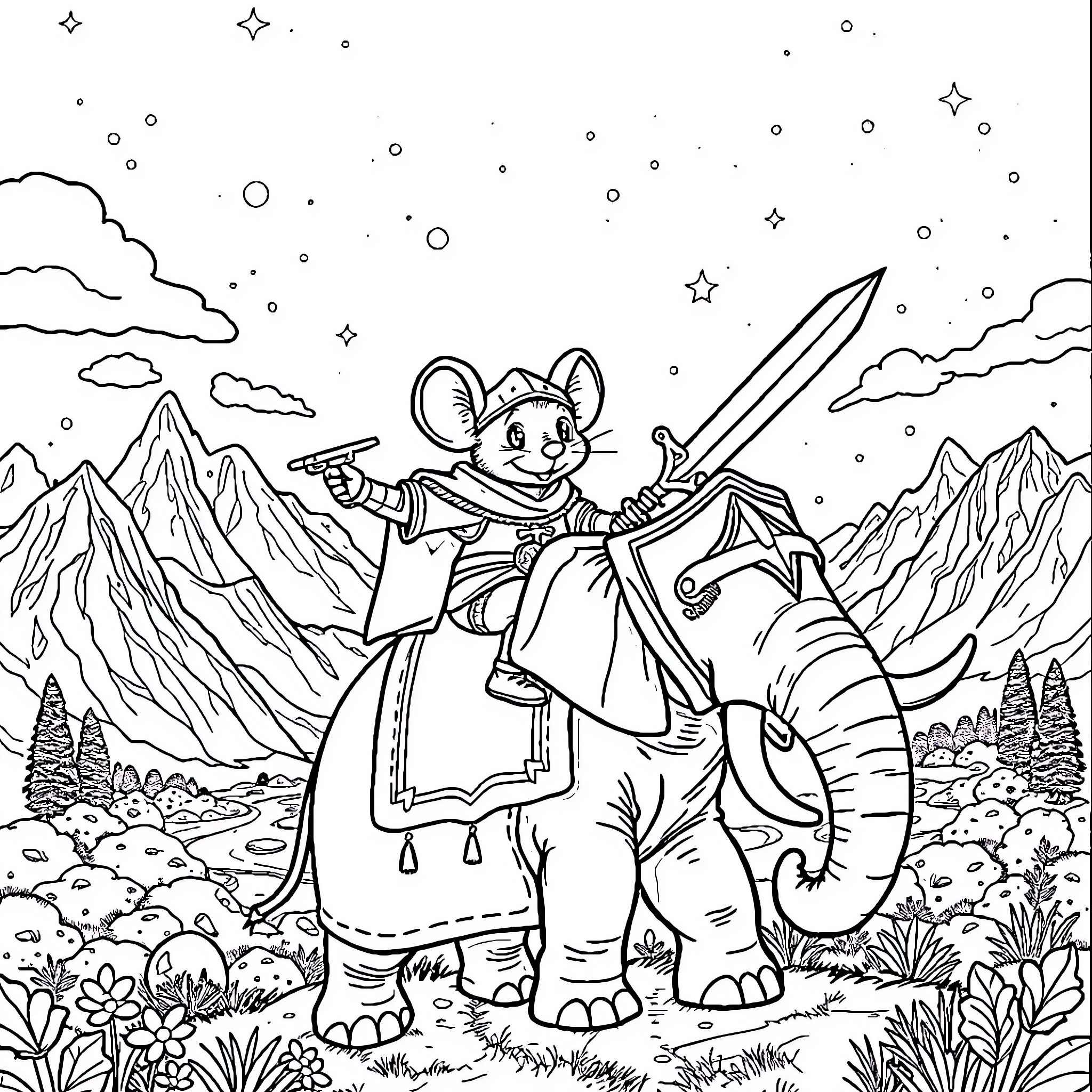 Mouse warrior wielding a sword in a fantasy landscape Coloring Page (free black-and-white line drawing printable PDF for all, from beginners to advanced learners, including children, teens, adults, and seniors)
