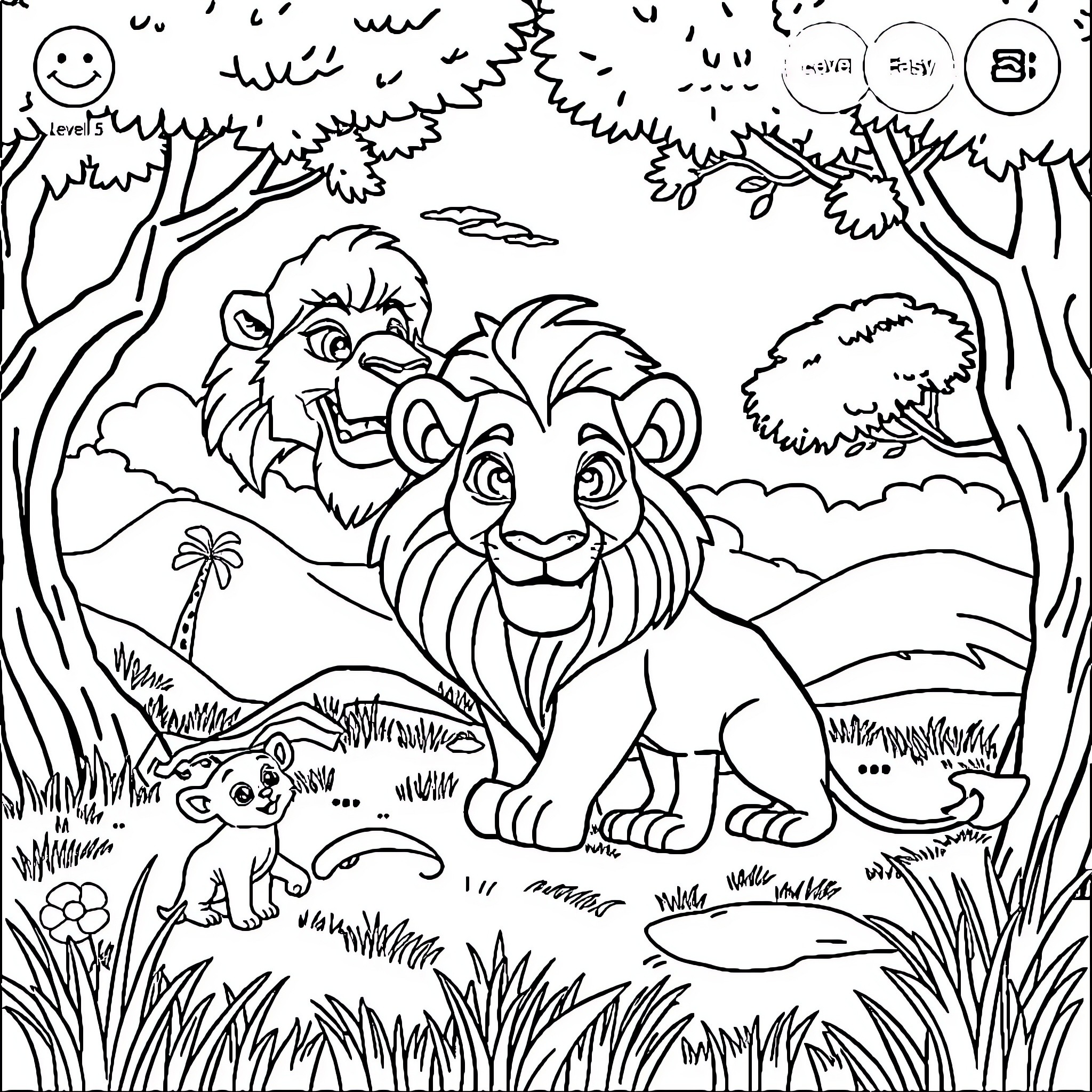 Lion and its cub in the jungle Coloring Page (free black-and-white line drawing printable PDF for all, from beginners to advanced learners, including children, teens, adults, and seniors)