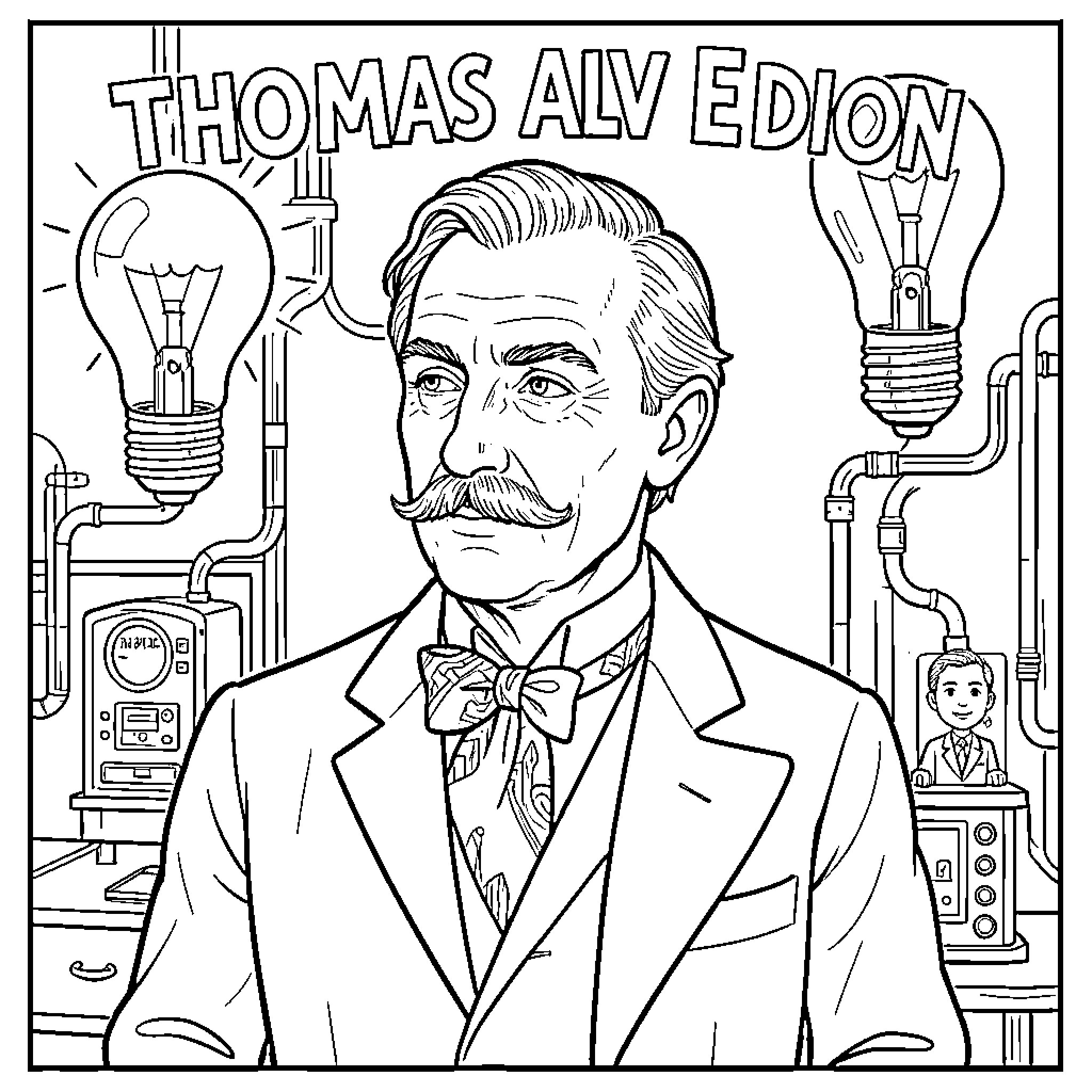 Thomas Edison posing in formal attire with light bulbs Coloring Page (free black-and-white line drawing printable PDF for all, from beginners to advanced learners, including children, teens, adults, and seniors)