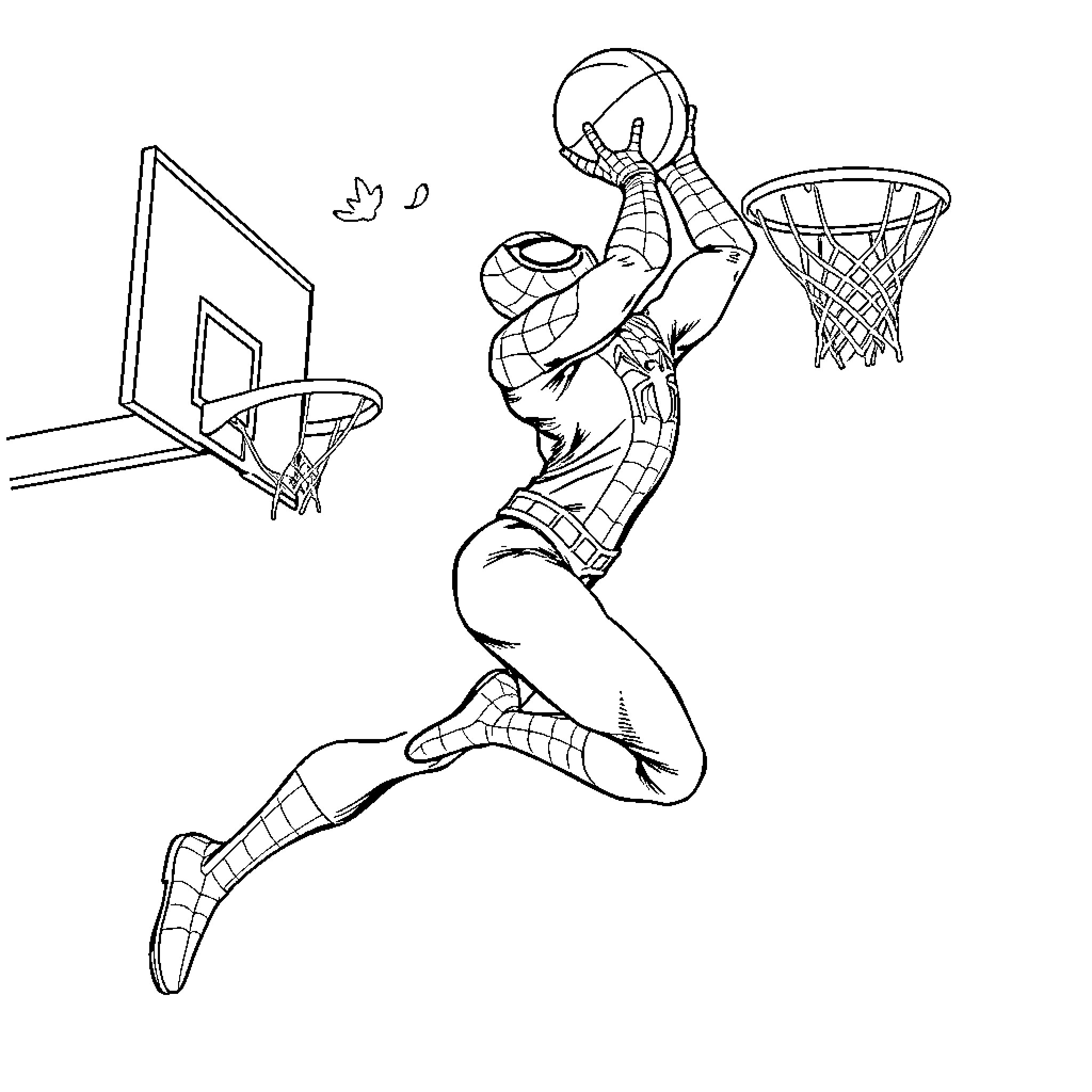 Spiderman performing basketball dunk Coloring Page (free black-and-white line drawing printable PDF for all, from beginners to advanced learners, including children, teens, adults, and seniors)