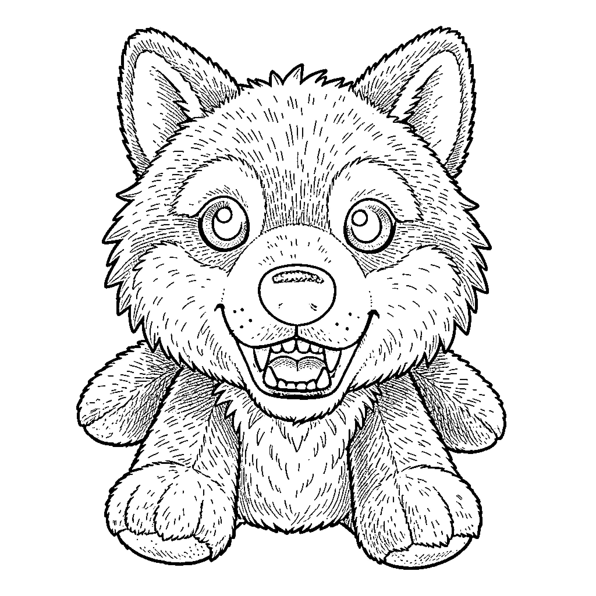 Wolf Plush Toy with Friendly Expression Coloring Page (free black-and-white line drawing printable PDF for all, from beginners to advanced learners, including children, teens, adults, and seniors)