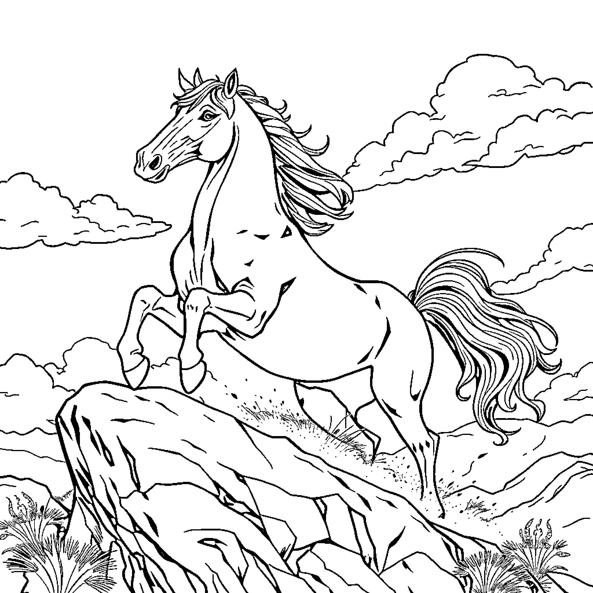 Horse galloping through the majestic landscape Coloring Page (free black-and-white line drawing printable PDF for all, from beginners to advanced learners, including children, teens, adults, and seniors)