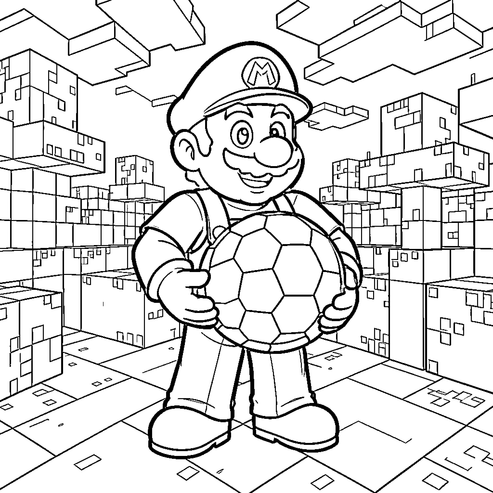 Mario smiling while holding a large soccer ball Coloring Page (free black-and-white line drawing printable PDF for all, from beginners to advanced learners, including children, teens, adults, and seniors)