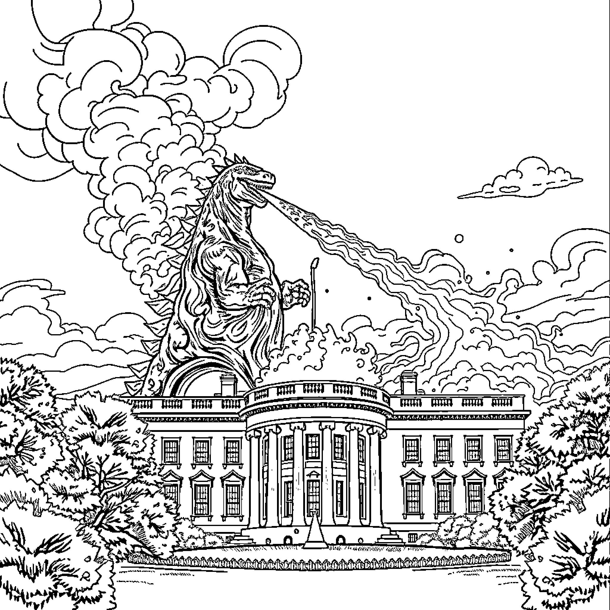 Godzilla destroys the White House in a fiery rampage Coloring Page (free black-and-white line drawing printable PDF for all, from beginners to advanced learners, including children, teens, adults, and seniors)