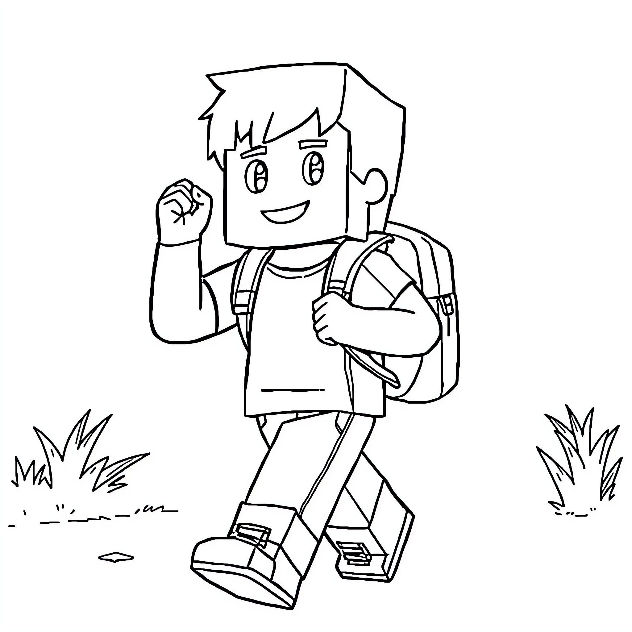 Minecraft Schoolboy Cheerfully Walking to Class Coloring Page (free black-and-white line drawing printable PDF for all, from beginners to advanced learners, including children, teens, adults, and seniors)
