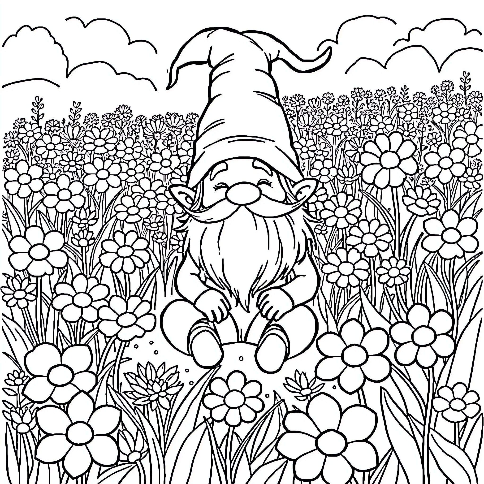 Gnome enjoying a floral garden Coloring Page (free black-and-white line drawing printable PDF for all, from beginners to advanced learners, including children, teens, adults, and seniors)