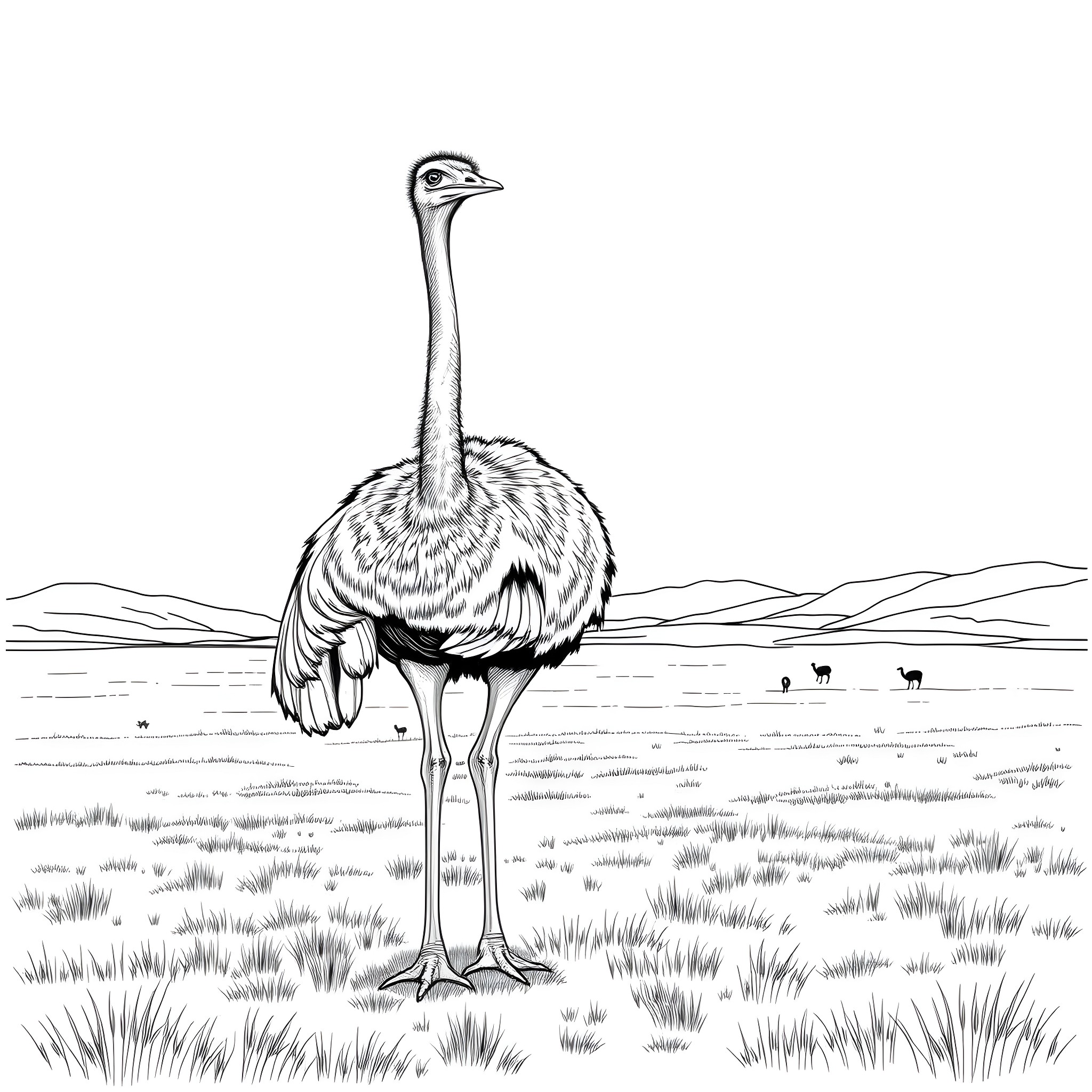 Ostrich standing tall in the vast landscape Coloring Page (free black-and-white line drawing printable PDF for all, from beginners to advanced learners, including children, teens, adults, and seniors)