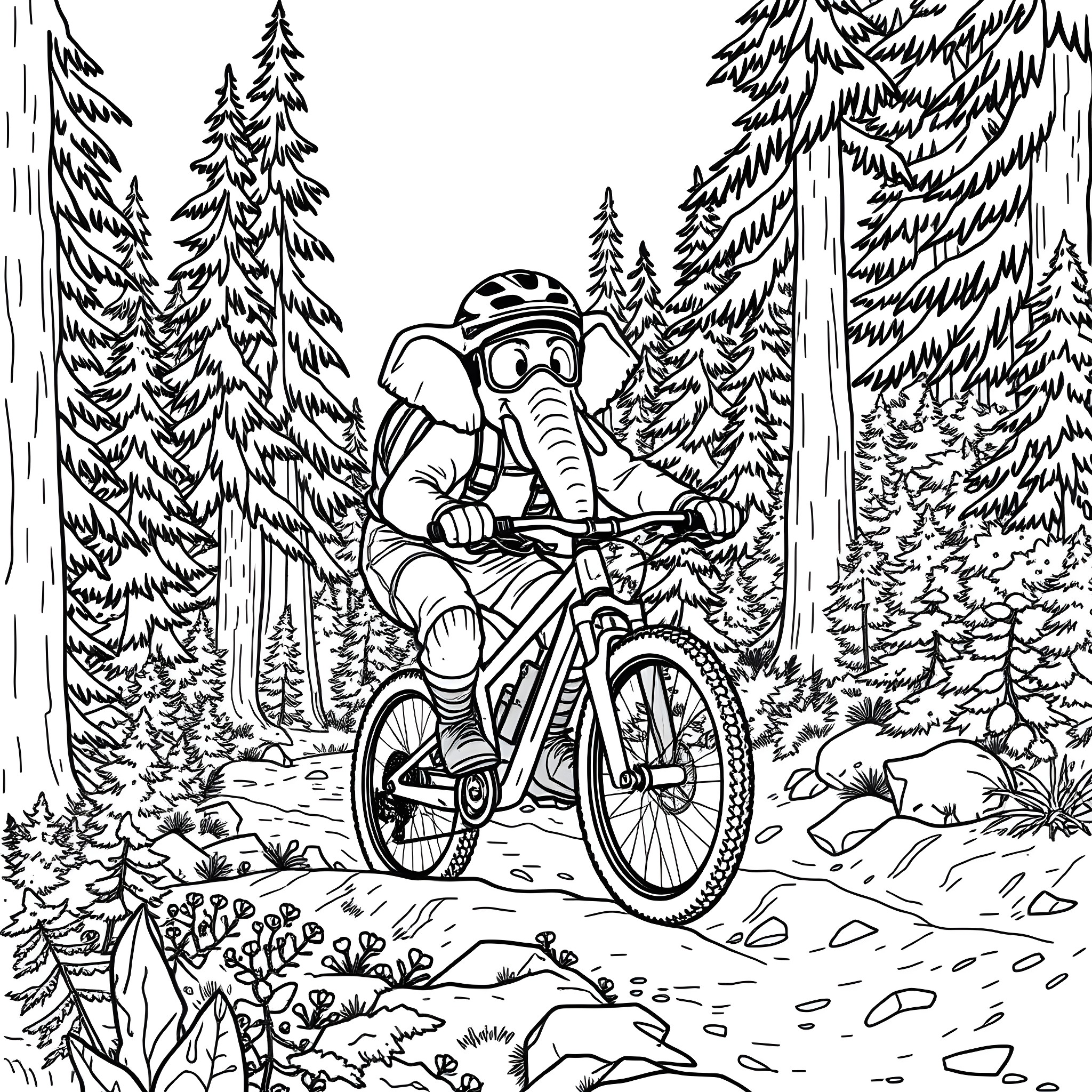 Elephant Riding a Bicycle in the Forest Coloring Page (free black-and-white line drawing printable PDF for all, from beginners to advanced learners, including children, teens, adults, and seniors)