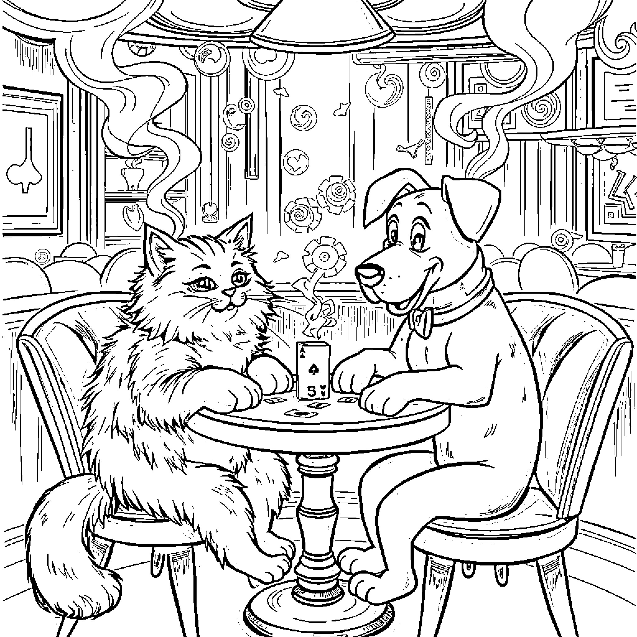 Cat and Dog Having Tea in a Fancy Parlor Coloring Page (free black-and-white line drawing printable PDF for all, from beginners to advanced learners, including children, teens, adults, and seniors)