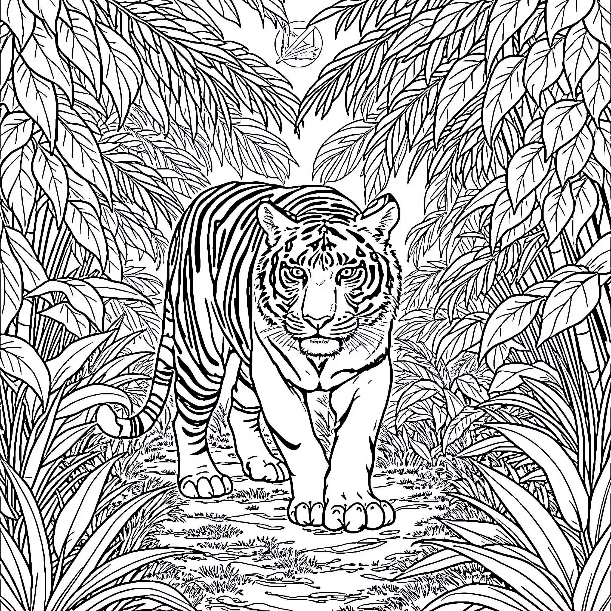 Tiger stalking in lush jungle Coloring Page (free black-and-white line drawing printable PDF for all, from beginners to advanced learners, including children, teens, adults, and seniors)