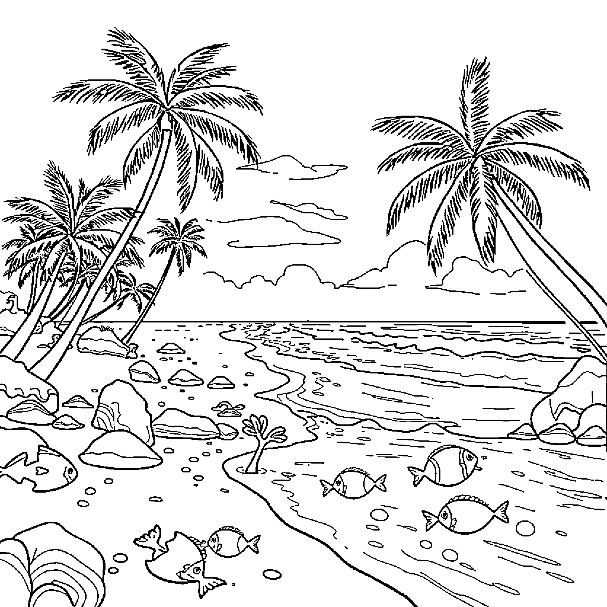 Plage with tranquil tropical seascape Coloring Page (free black-and-white line drawing printable PDF for all, from beginners to advanced learners, including children, teens, adults, and seniors)