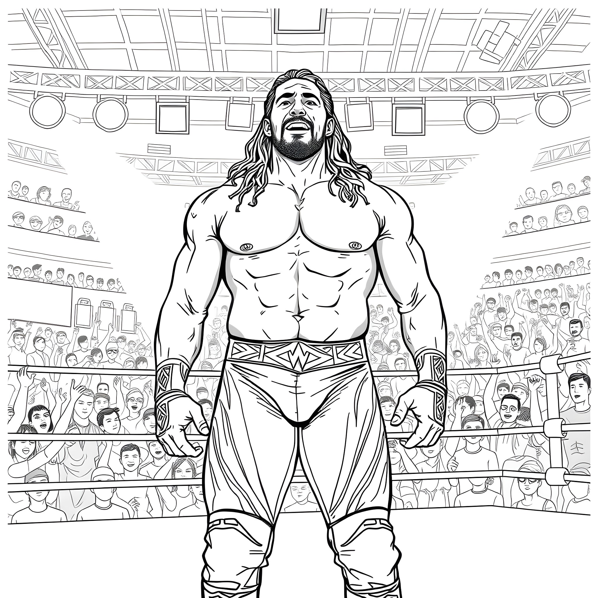 Jey Uso's Intense Encounter in the Wrestling Arena Coloring Page (free black-and-white line drawing printable PDF for all, from beginners to advanced learners, including children, teens, adults, and seniors)
