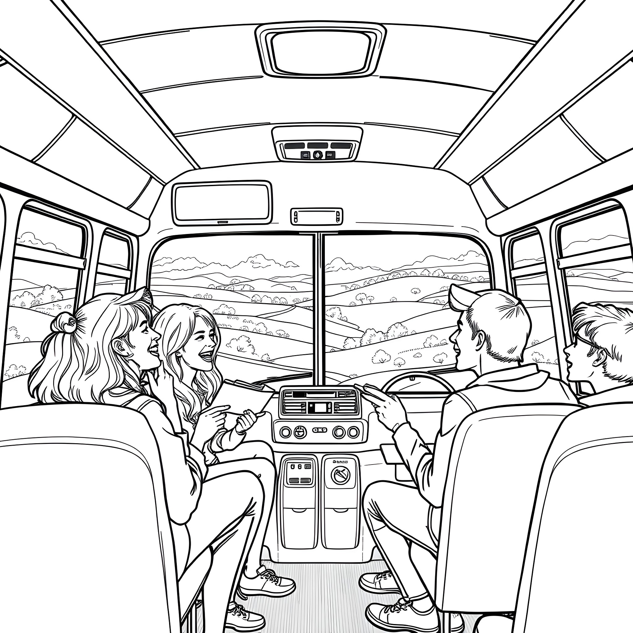 Friend's road trip in the van through the countryside Coloring Page (free black-and-white line drawing printable PDF for all, from beginners to advanced learners, including children, teens, adults, and seniors)