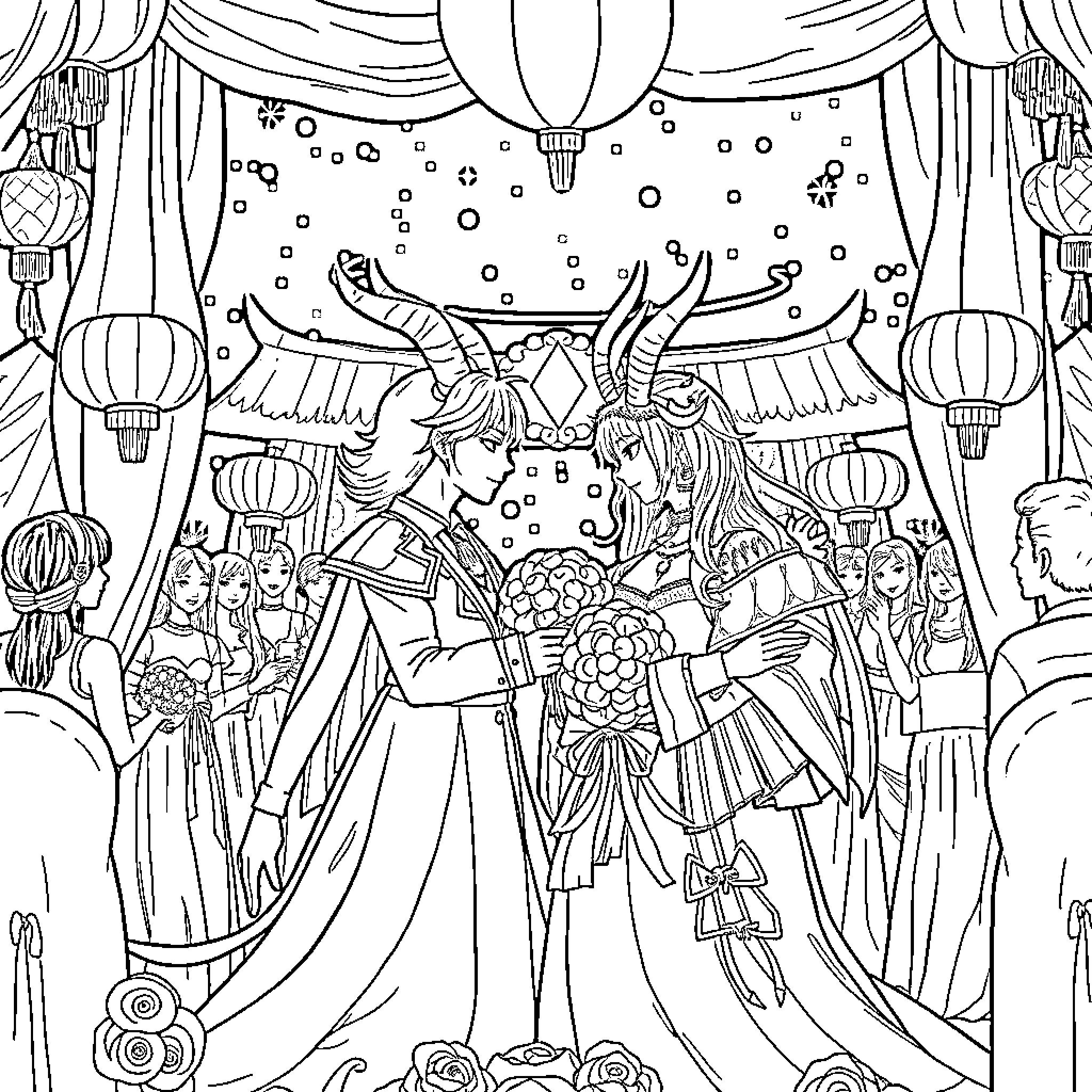 Demon Hunter's Fantastical Festival Celebration Coloring Page (free black-and-white line drawing printable PDF for all, from beginners to advanced learners, including children, teens, adults, and seniors)