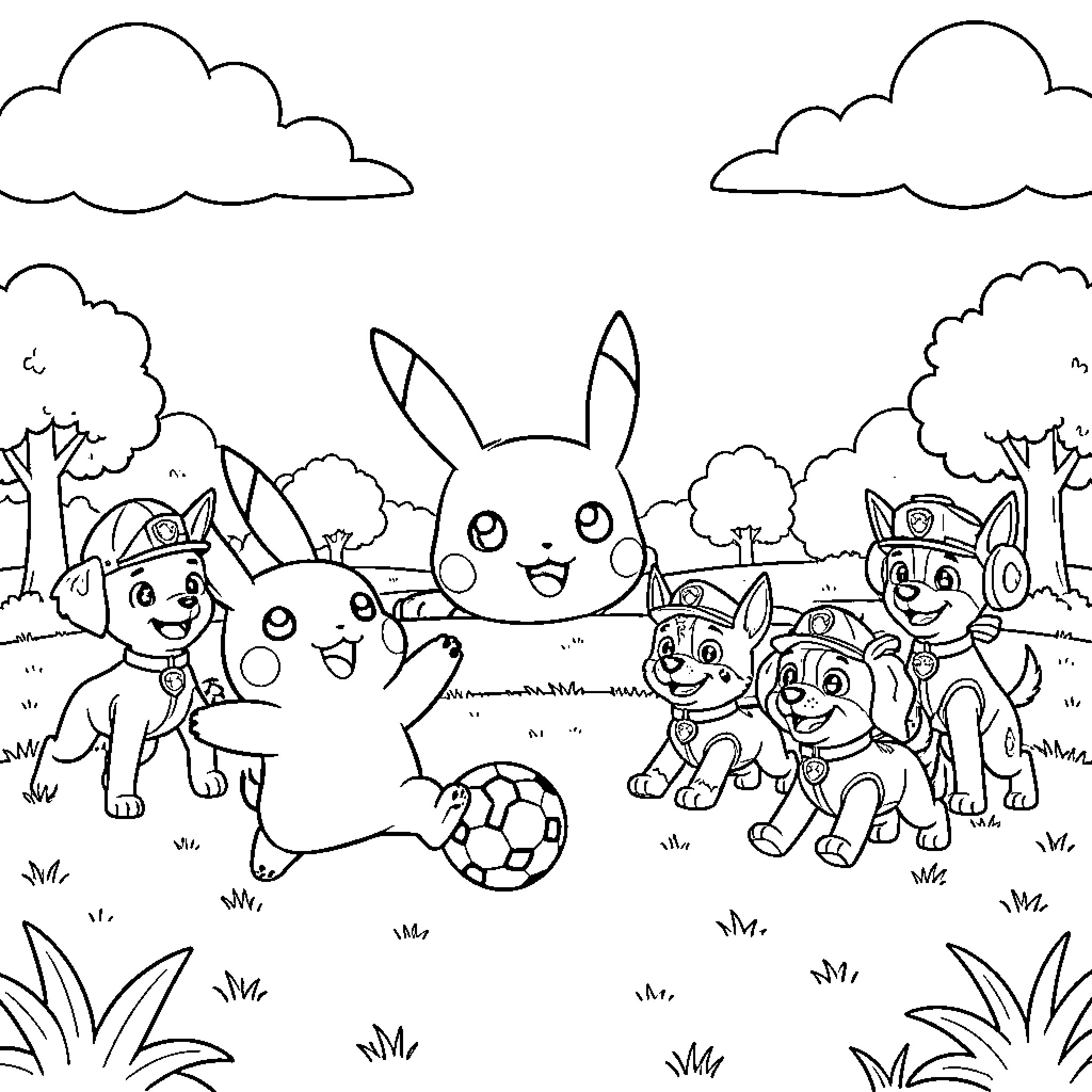 Pikachu playing soccer with Paw Patrol puppies in the park Coloring Page (free black-and-white line drawing printable PDF for all, from beginners to advanced learners, including children, teens, adults, and seniors)
