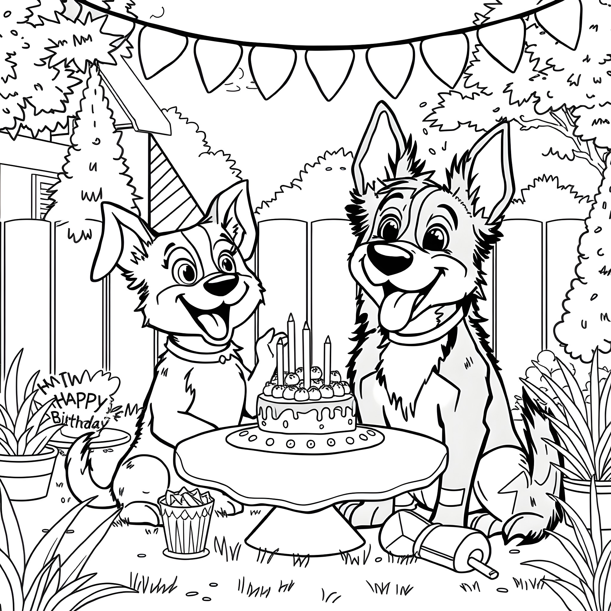 Bluey's Birthday Celebration with Party Hats and Cake Coloring Page (free black-and-white line drawing printable PDF for all, from beginners to advanced learners, including children, teens, adults, and seniors)
