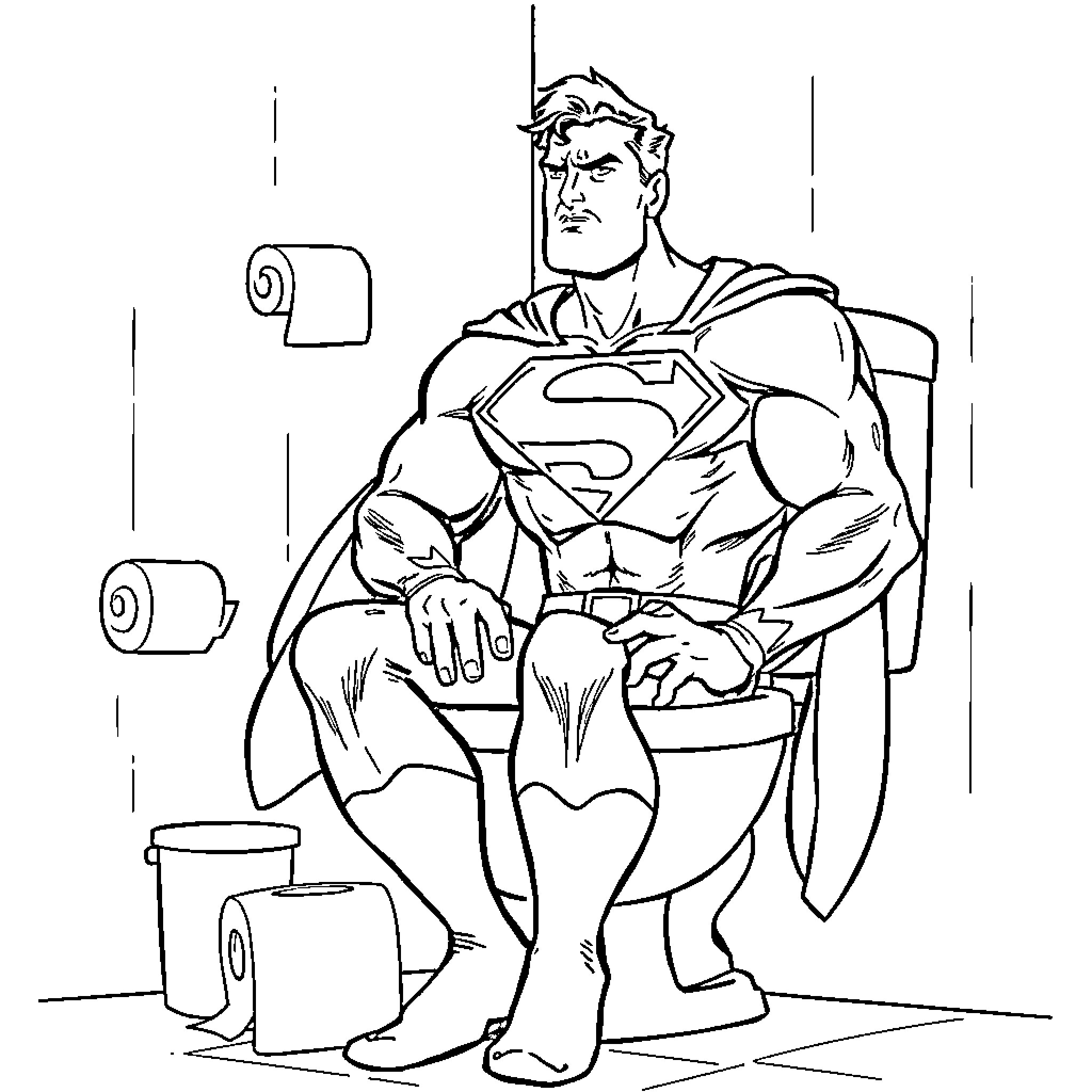 Superman in a restroom setting Coloring Page (free black-and-white line drawing printable PDF for all, from beginners to advanced learners, including children, teens, adults, and seniors)