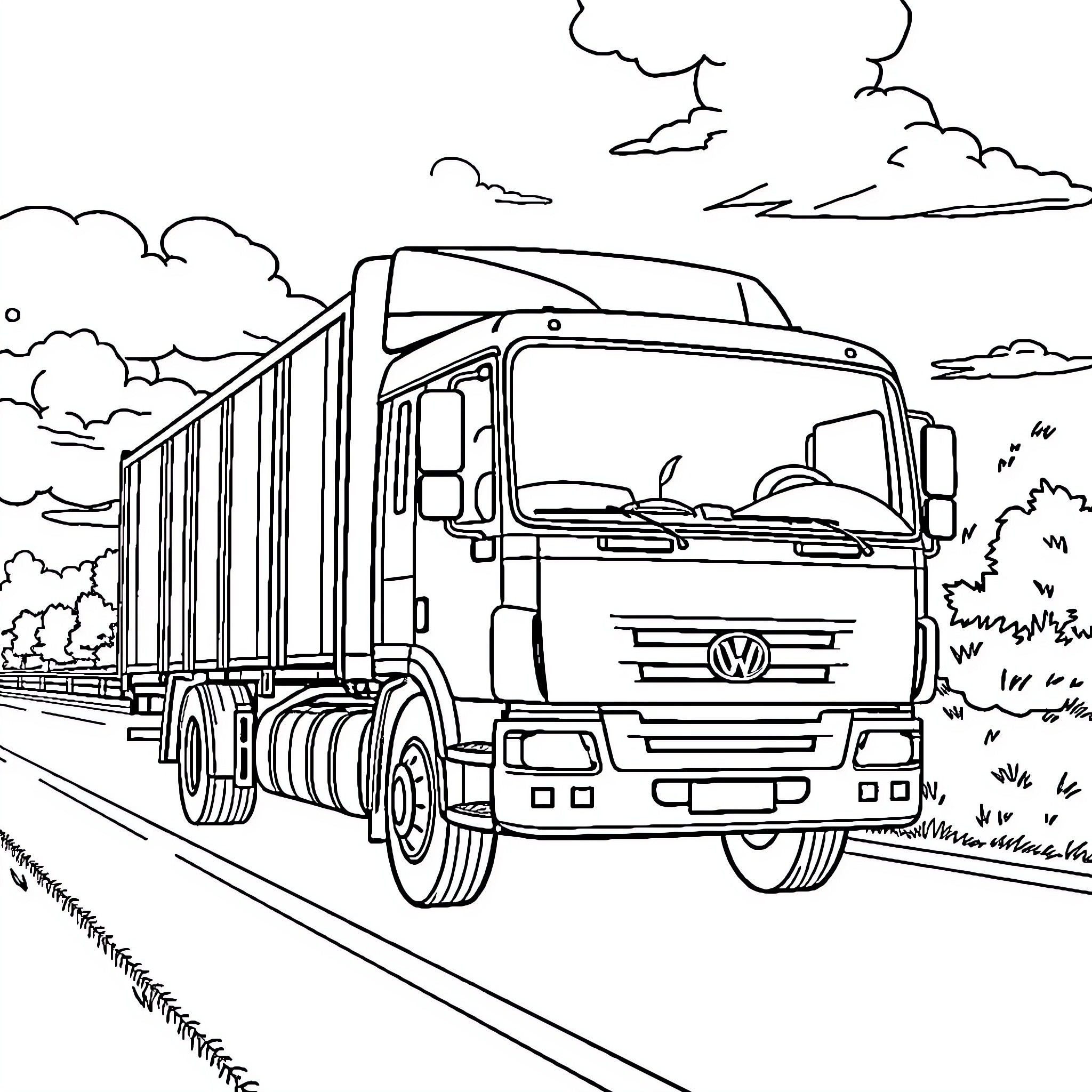 Truck transporting cargo on the open road Coloring Page (free black-and-white line drawing printable PDF for all, from beginners to advanced learners, including children, teens, adults, and seniors)