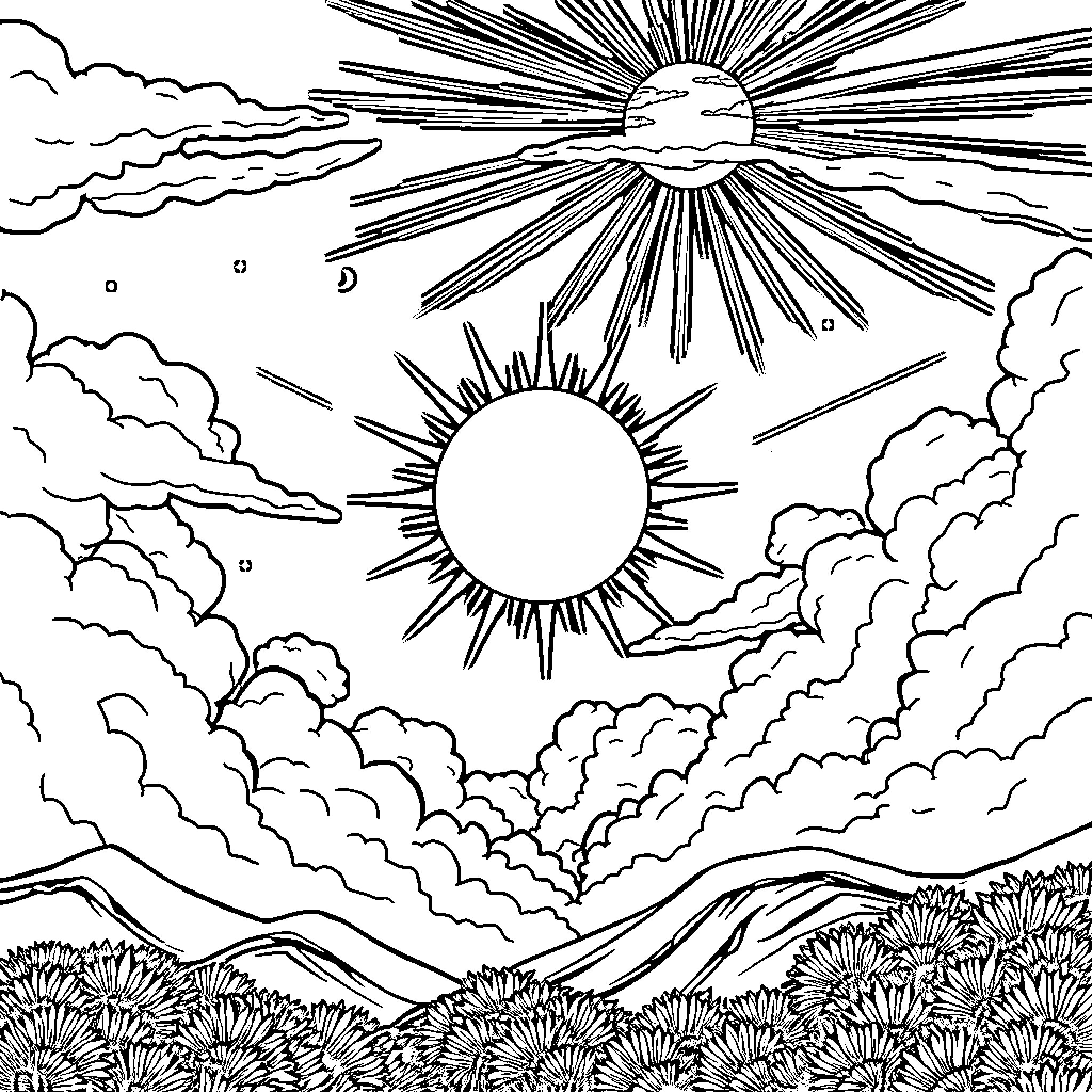 Sun and Moon in a Radiant Sky Coloring Page (free black-and-white line drawing printable PDF for all, from beginners to advanced learners, including children, teens, adults, and seniors)